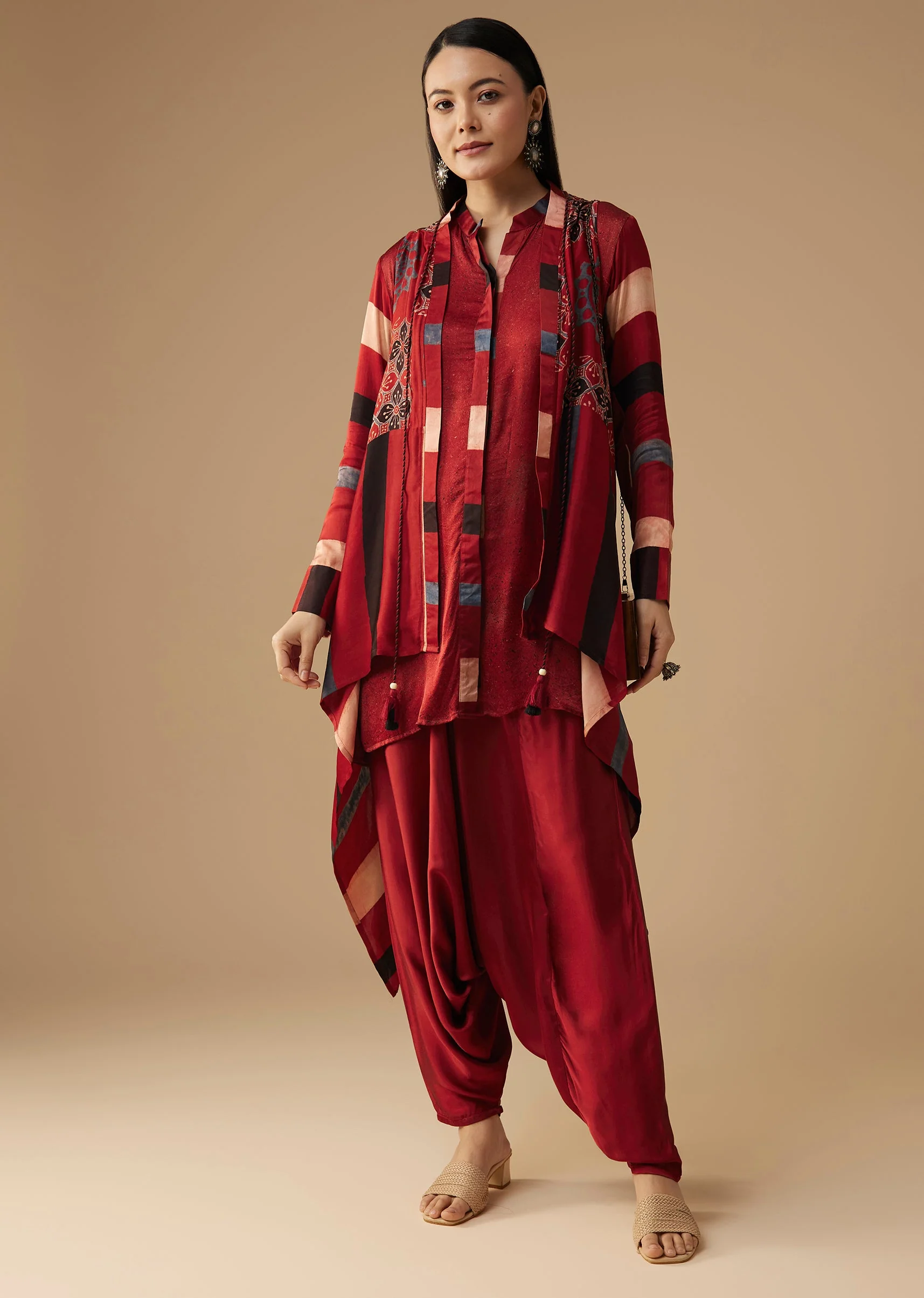 Maroon Hand Dyed Ajrakh Jacket, Shirt and Dhoti Set - Image 5