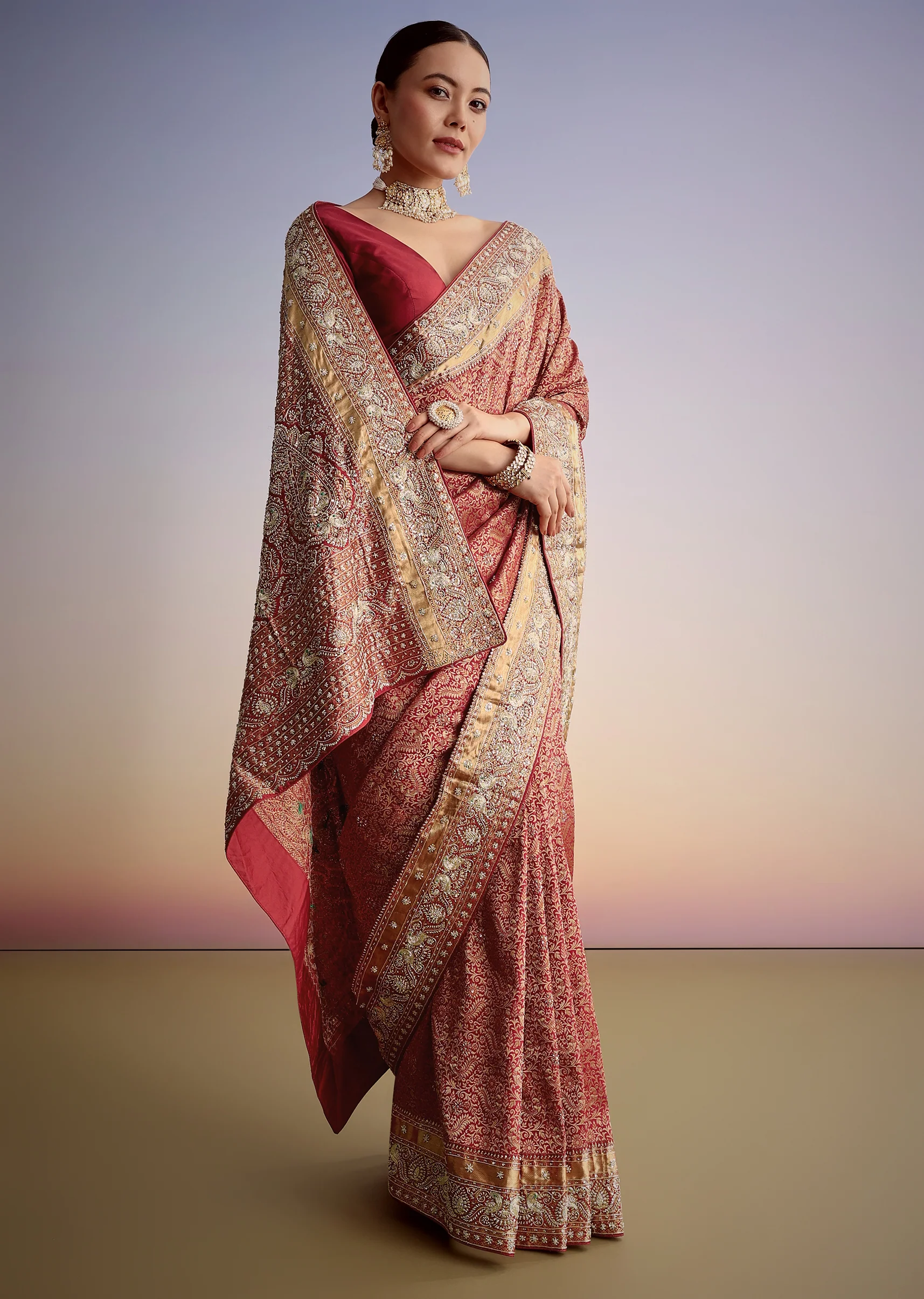 Maroon Jacquard Silk Saree With Heavy Embroidered Border And Pallu - Image 11