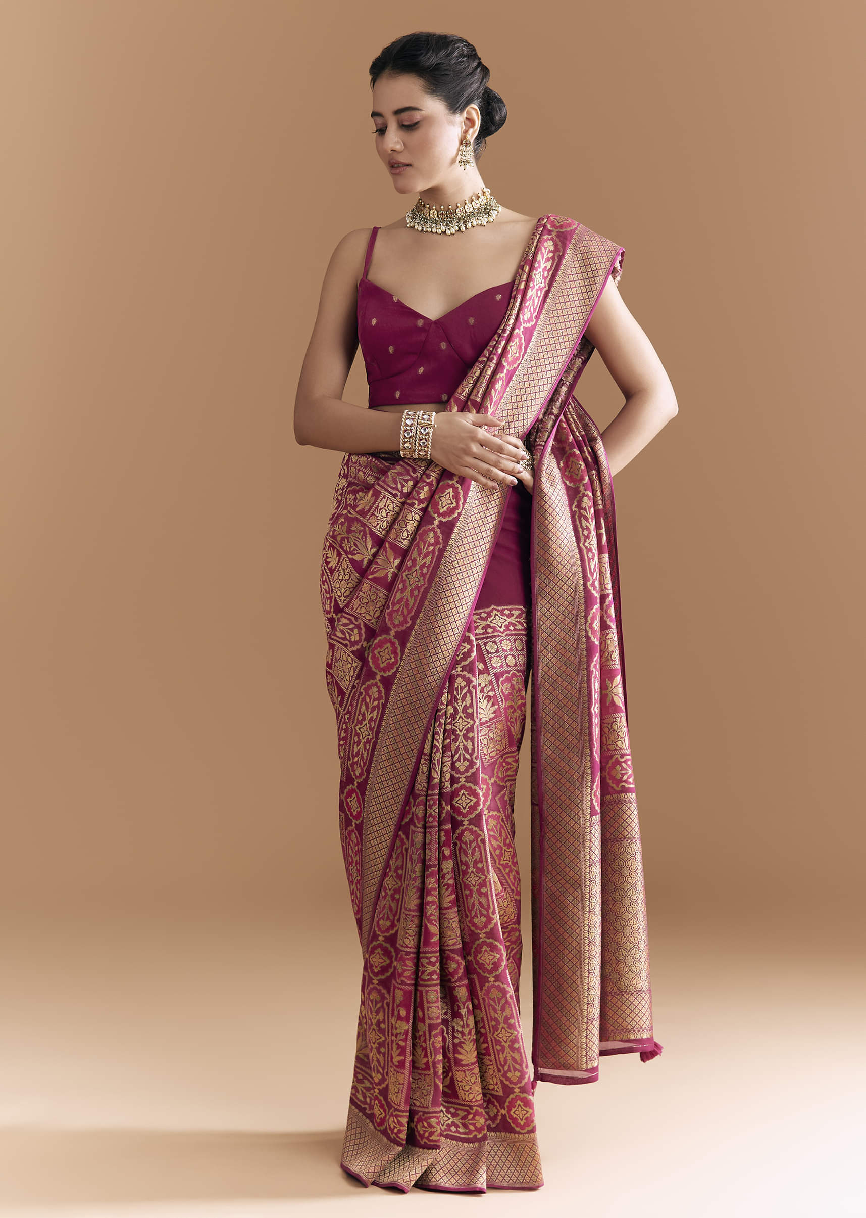 Maroon Khadhi Georgette Saree With Floral And Geometric Zari Work