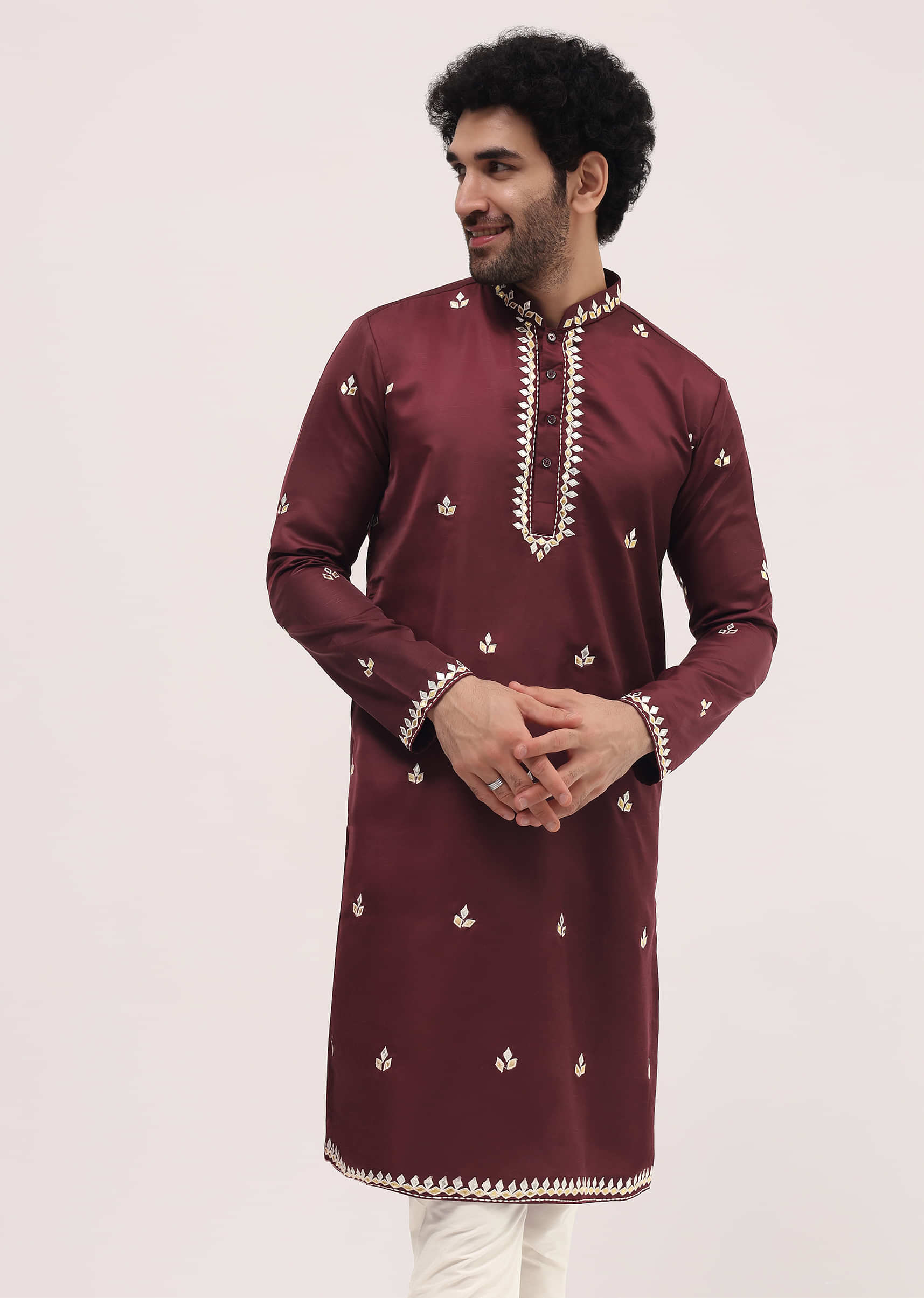 Maroon Kurta Set With Abla Work For Men - Image 3