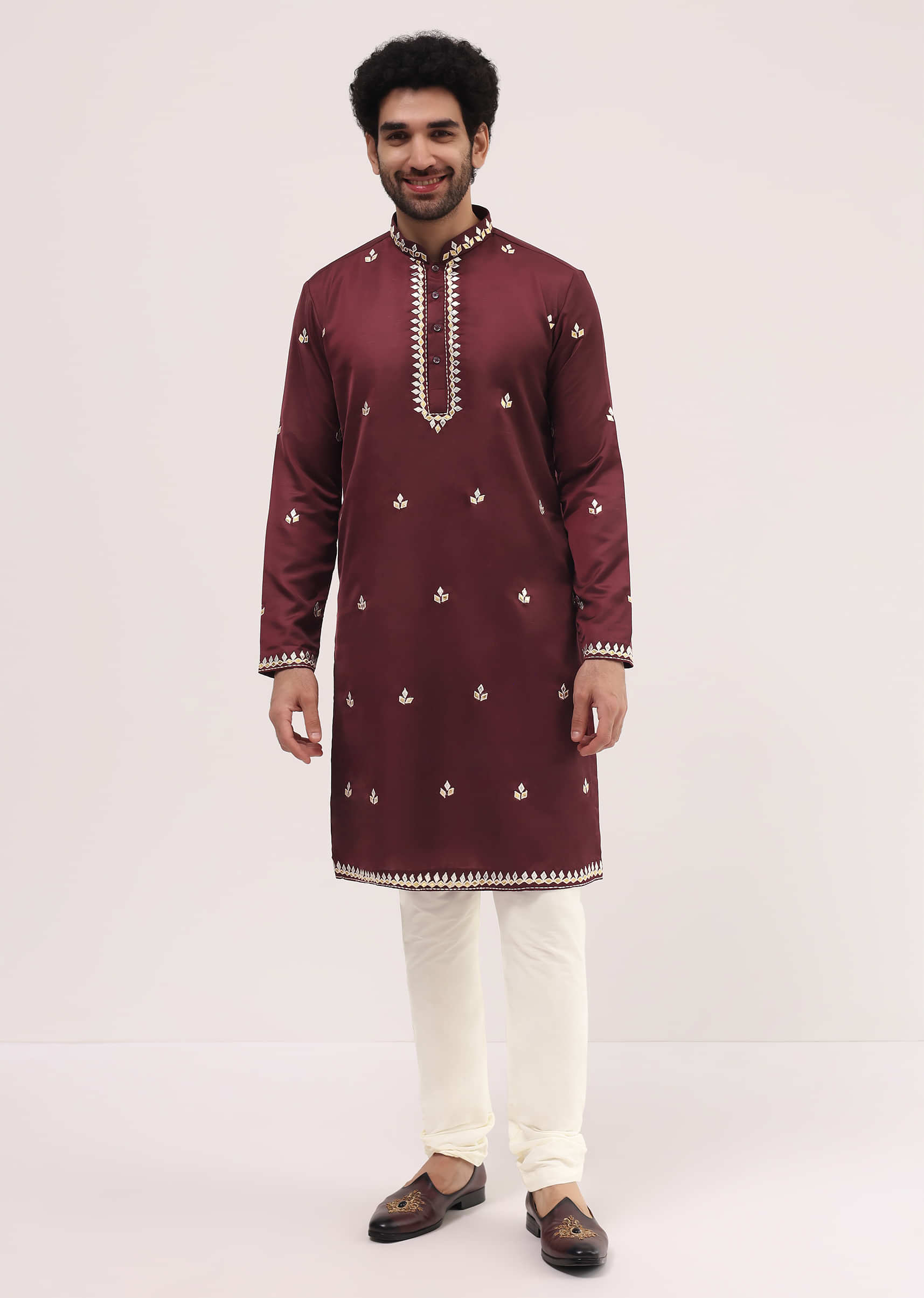 Maroon Kurta Set With Abla Work For Men - Image 4