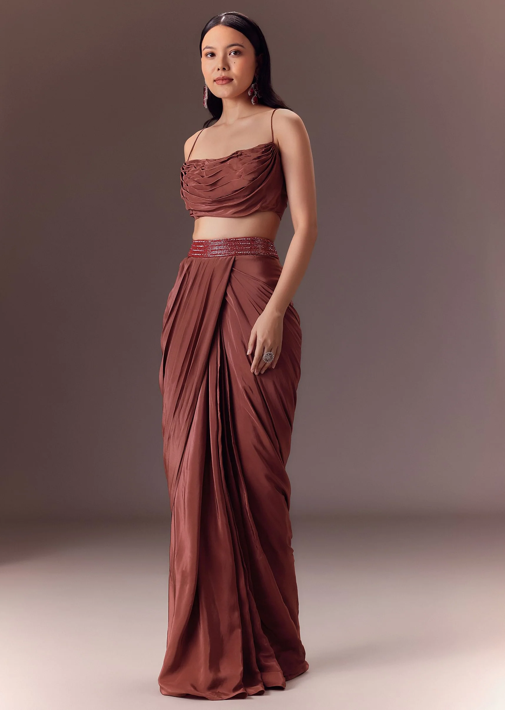 Maroon Organza Cowl Blouse With Jacket And Draped Skirt - Image 6