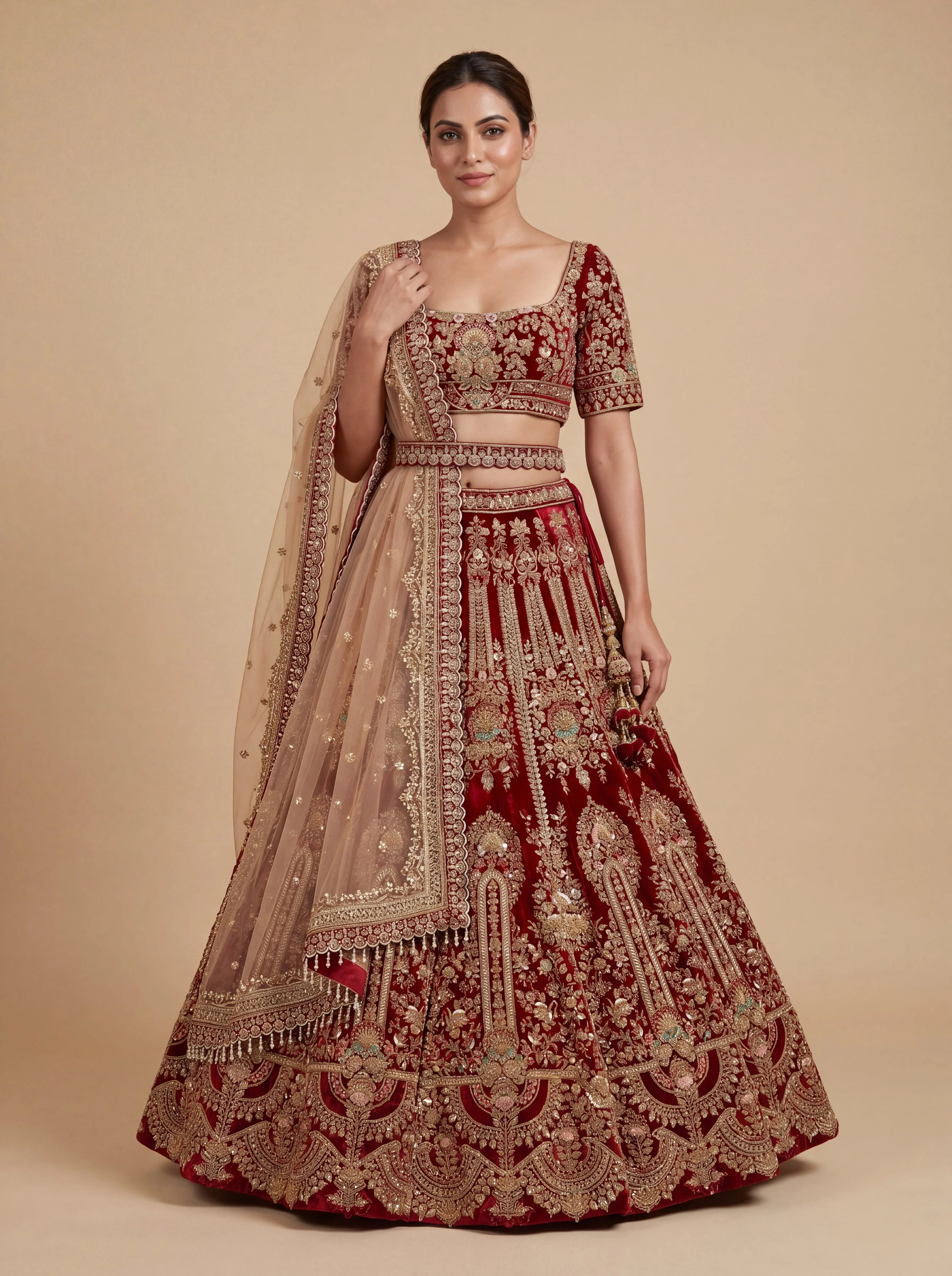 Maroon Pheras Bridal Lehenga With Bold Floral Embroidery Voluminous Skirt