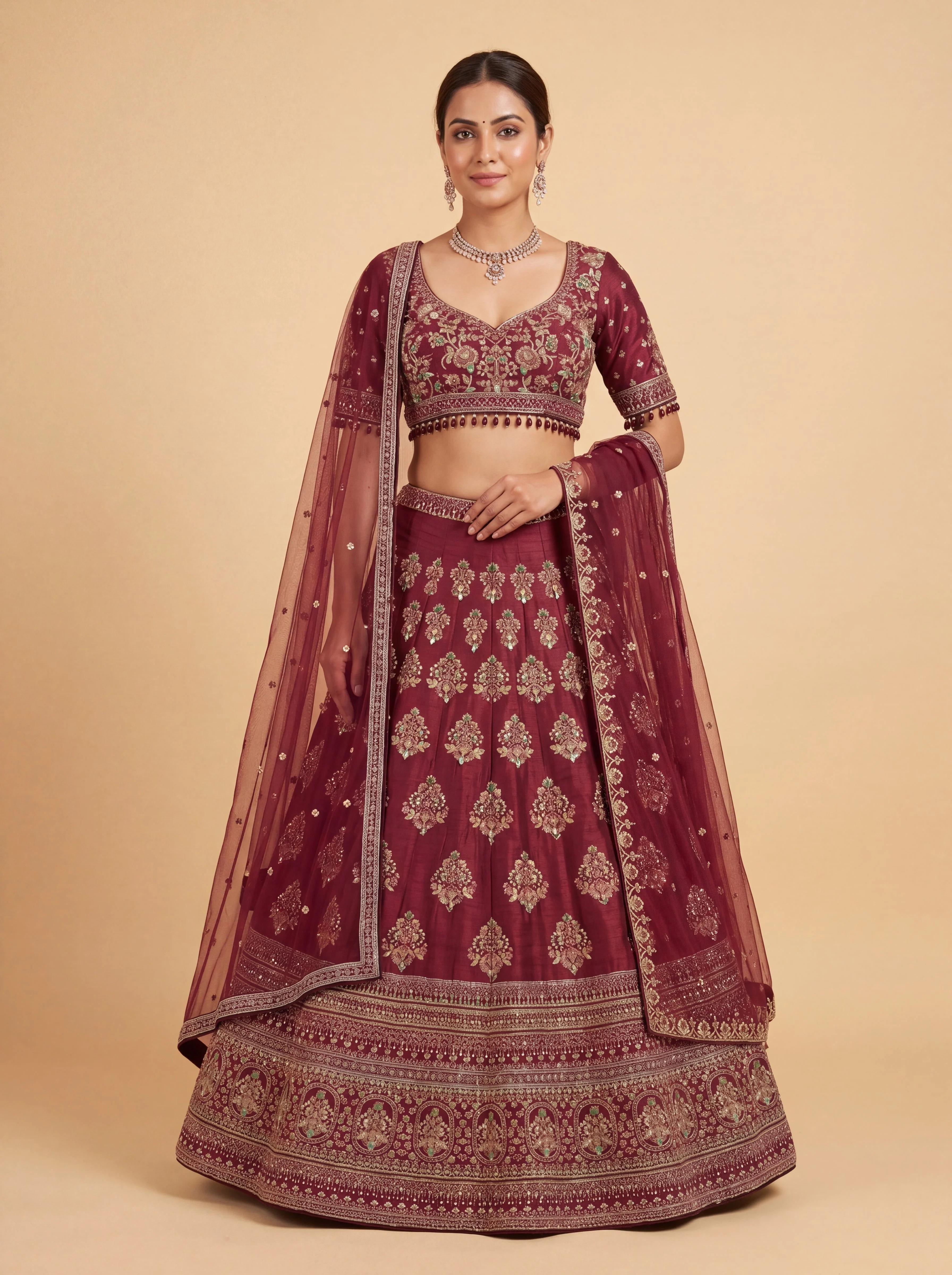 Maroon Pheras Bridal Lehenga With Rich Embroidery Pink Dupatta
