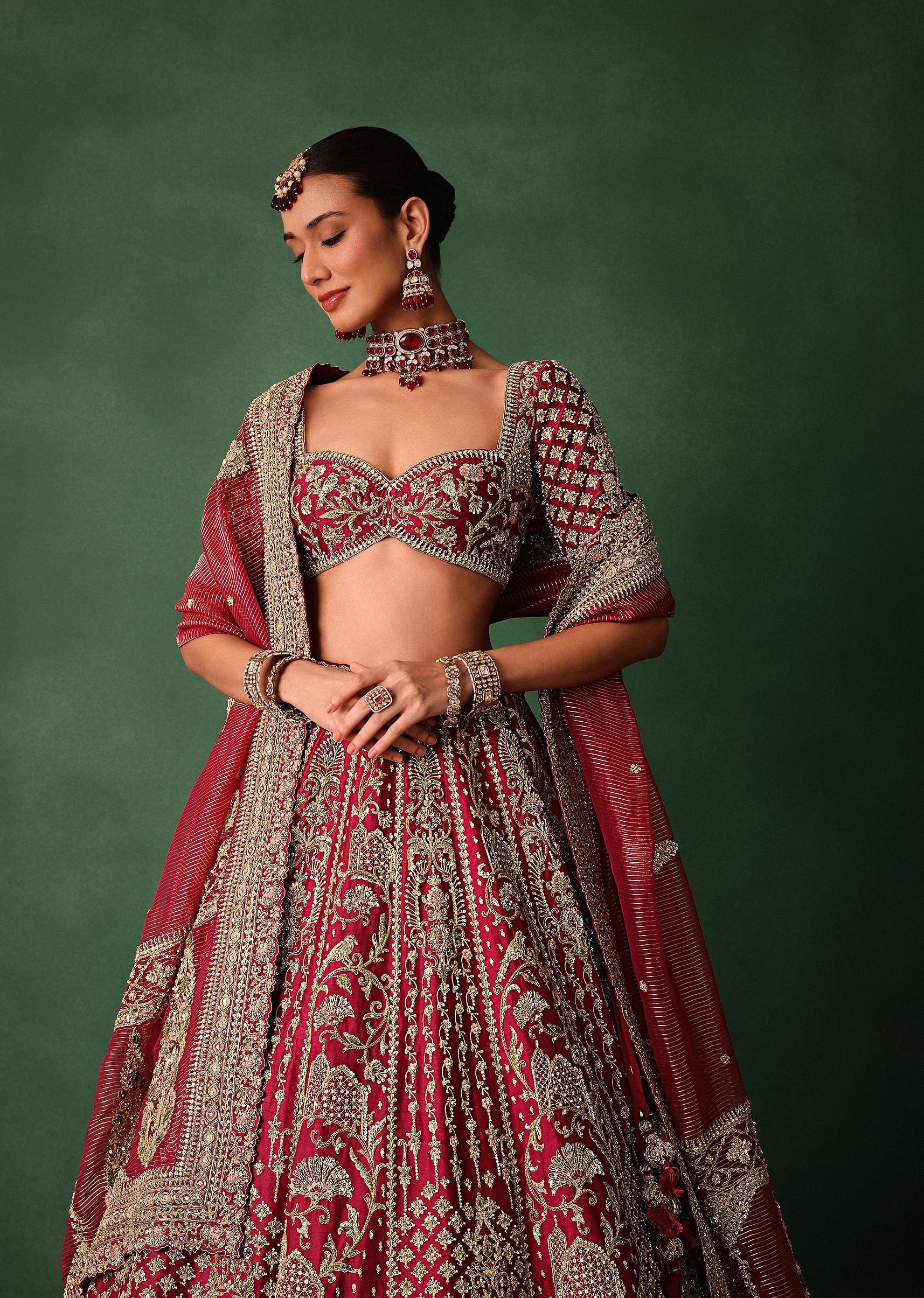 Maroon Raw Silk Hand Embroidered Lehenga Set With Tissue Dupatta - Image 4
