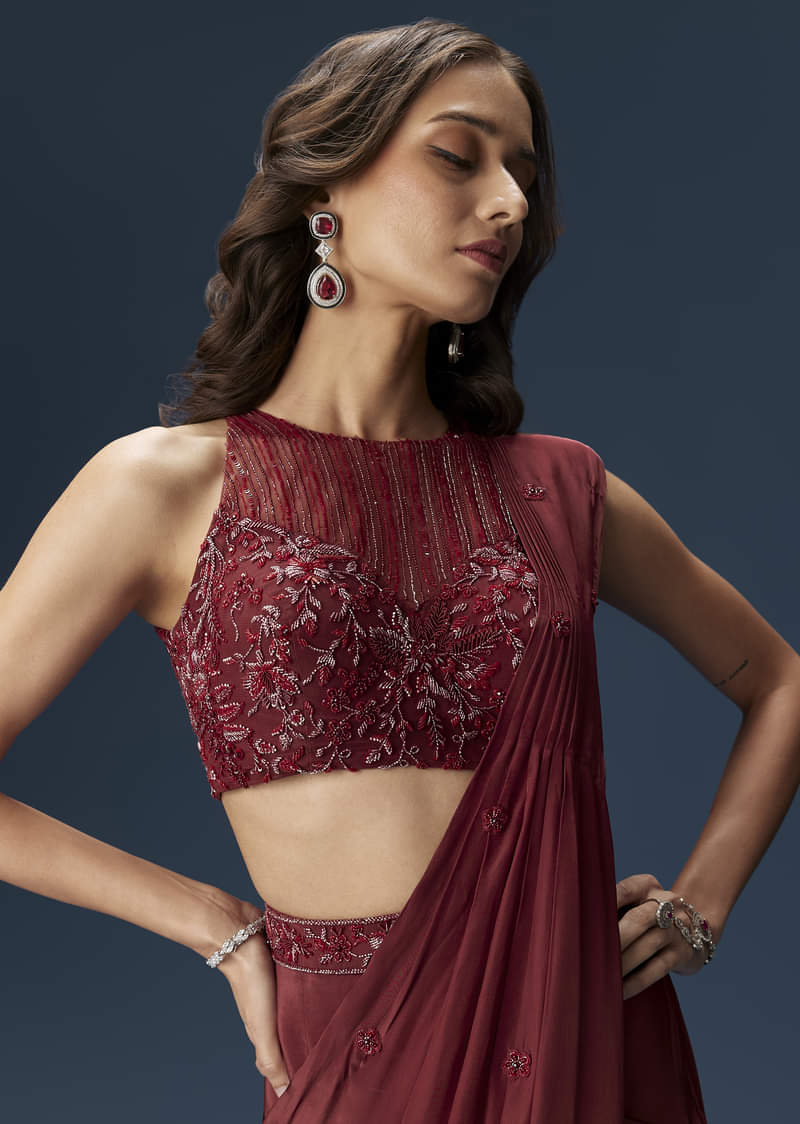 Maroon Ready Pleated Saree With High Neck Blouse - Image 5