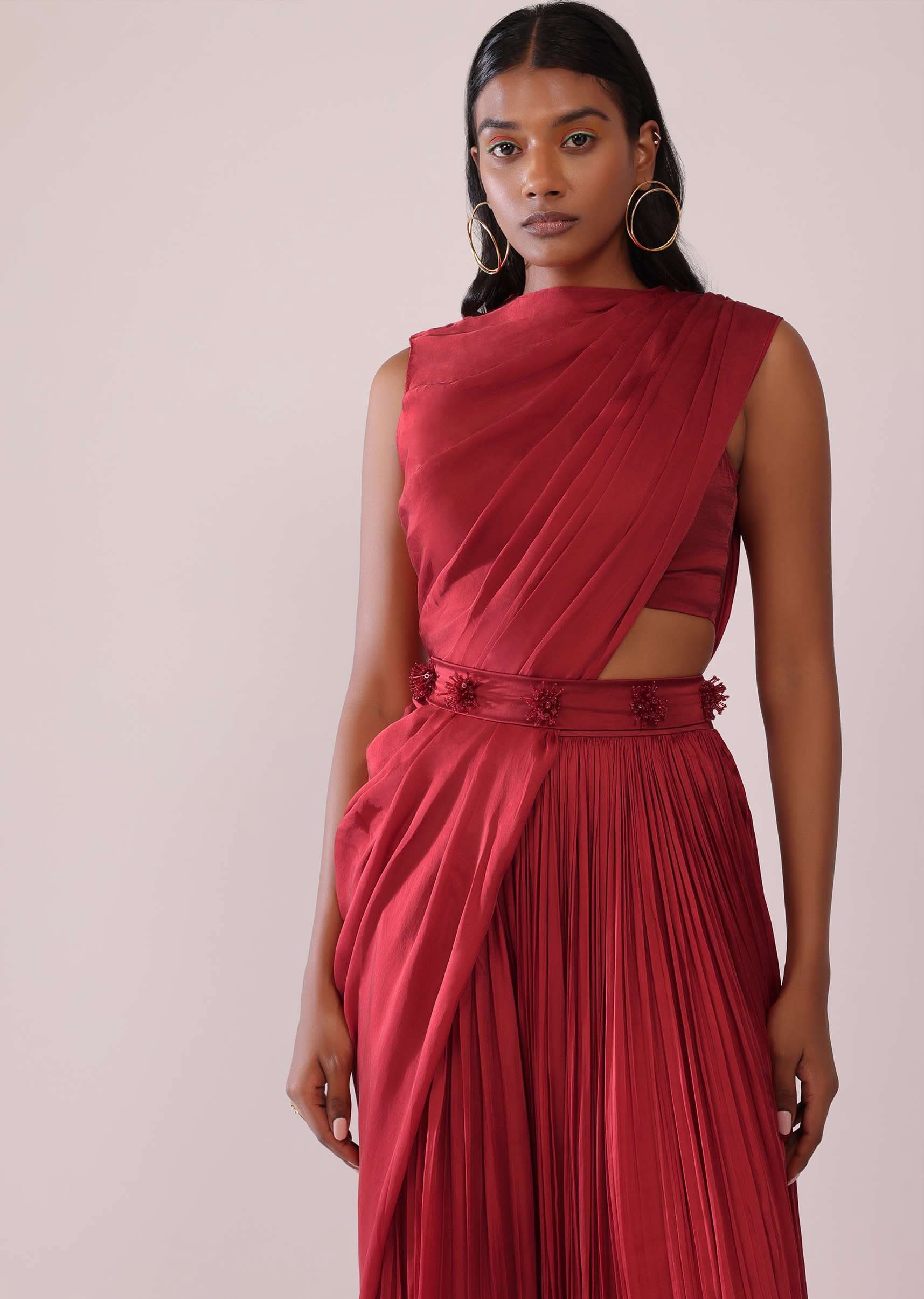 Maroon Red Satin Rushing Palazzo And Bustier Set With Draped Cape - Image 4