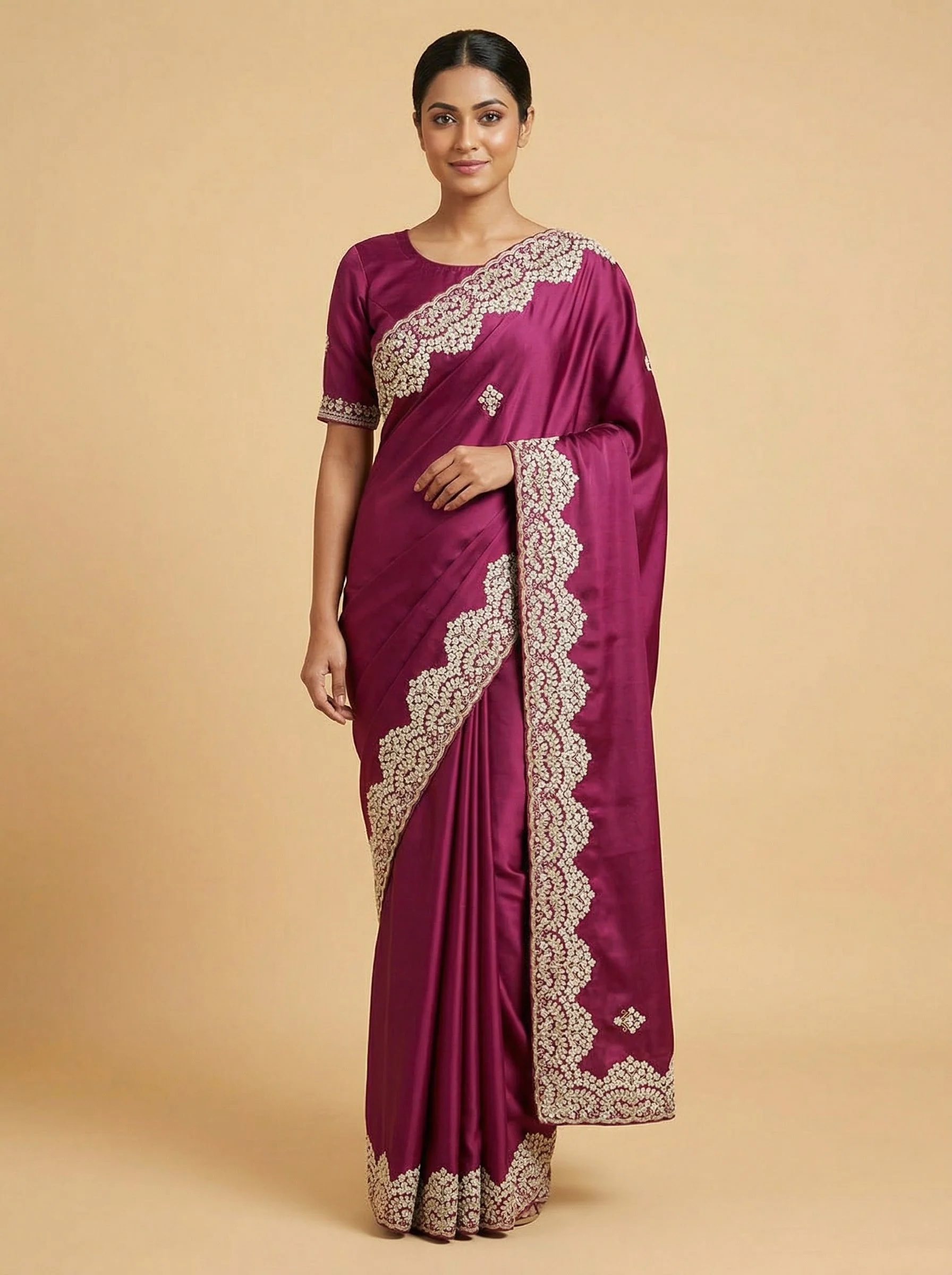 Maroon Saturated Embroidered Saree