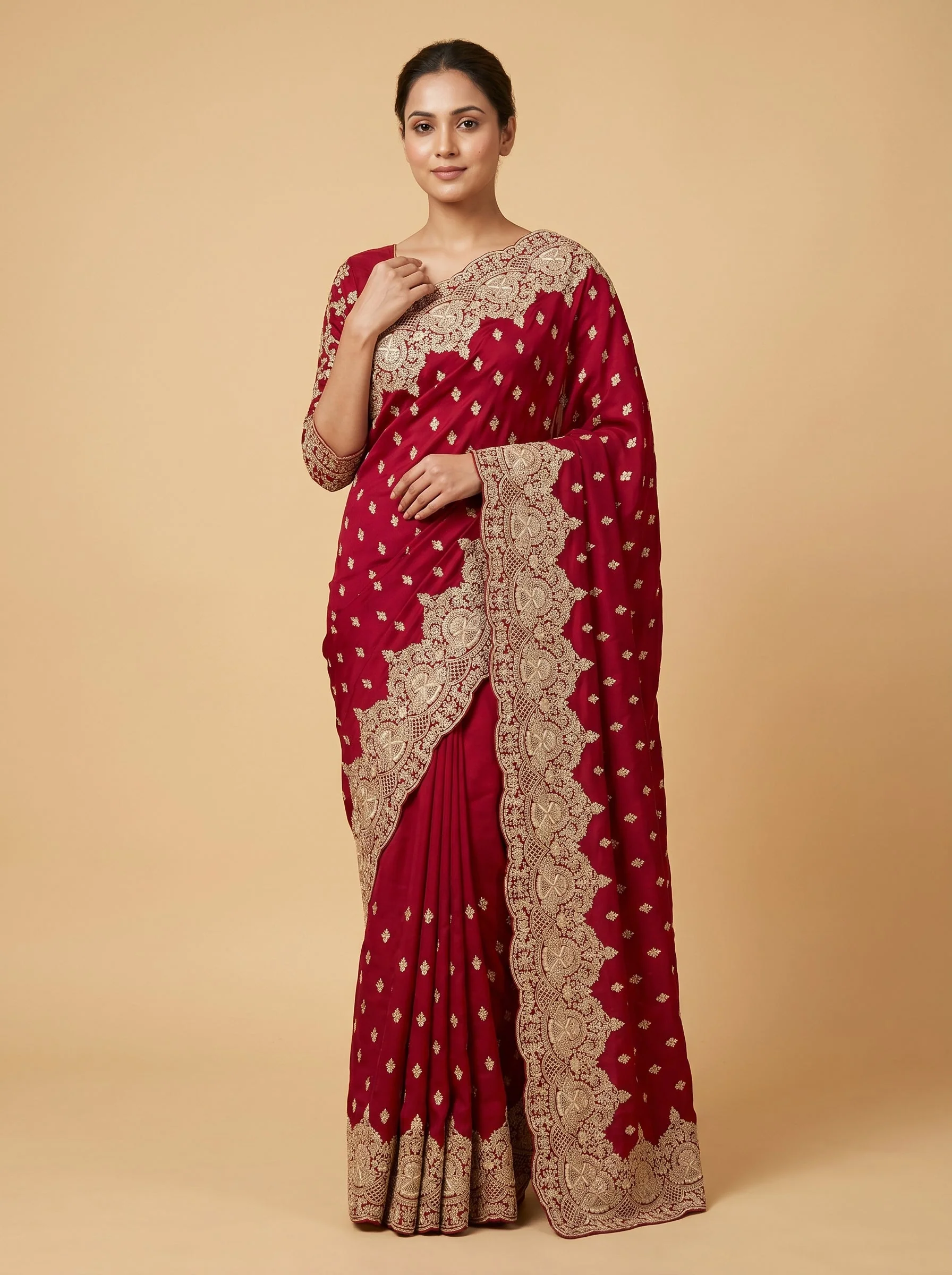 Maroon Thread Embroidered Saree