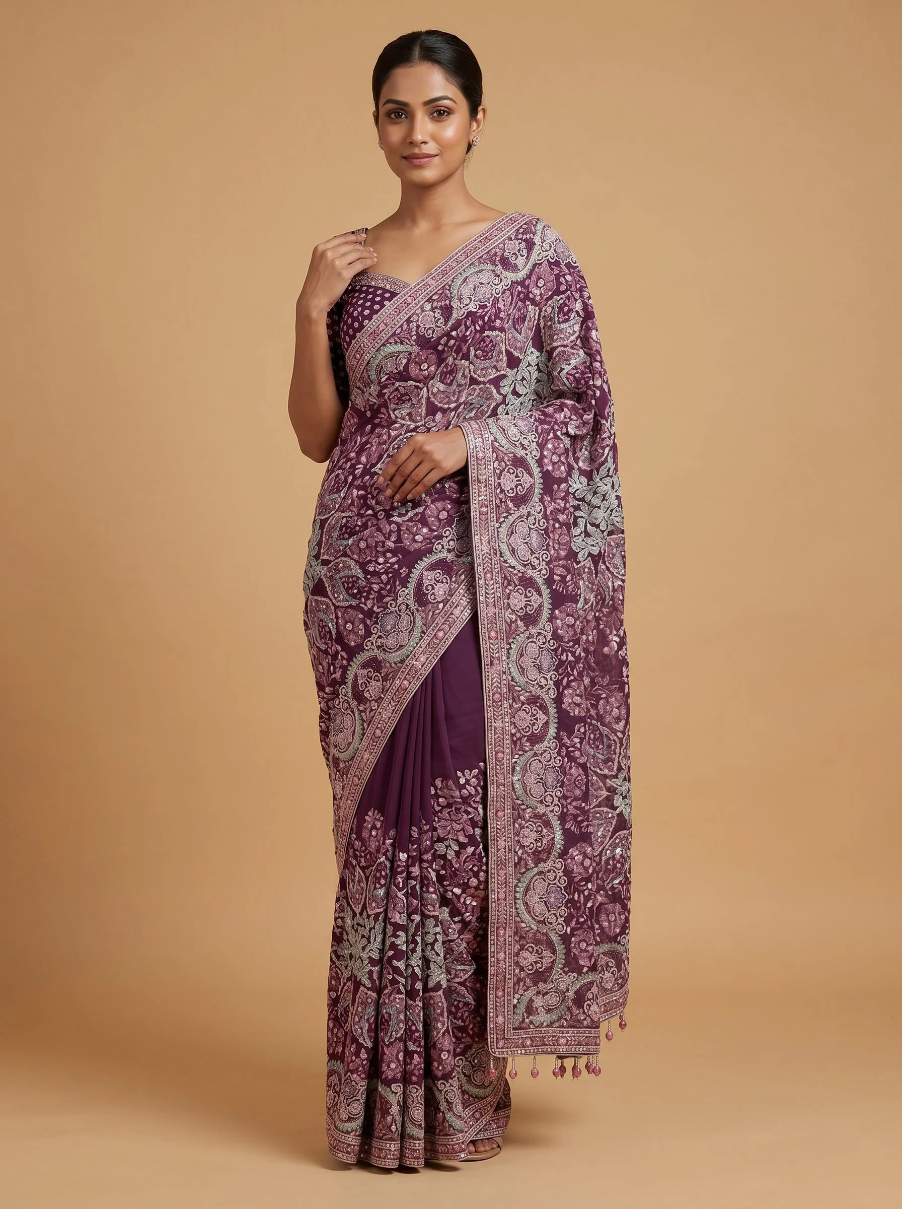 Maroon Velvet Depth Embroidered Saree