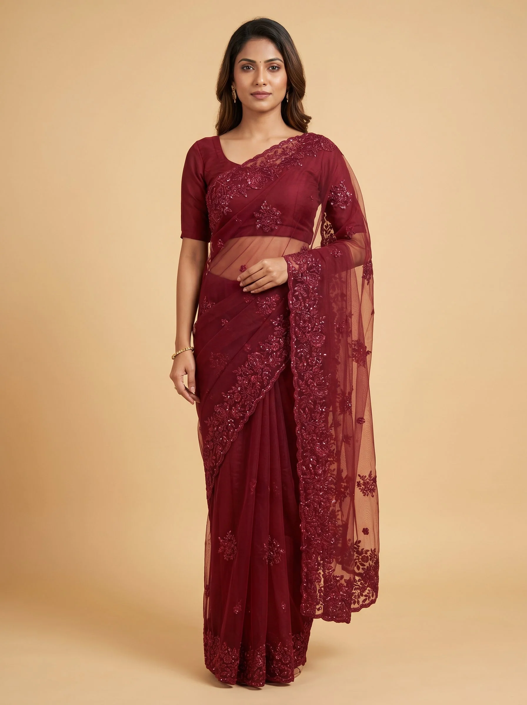 Maroon Velvet Grace Embroidered Saree