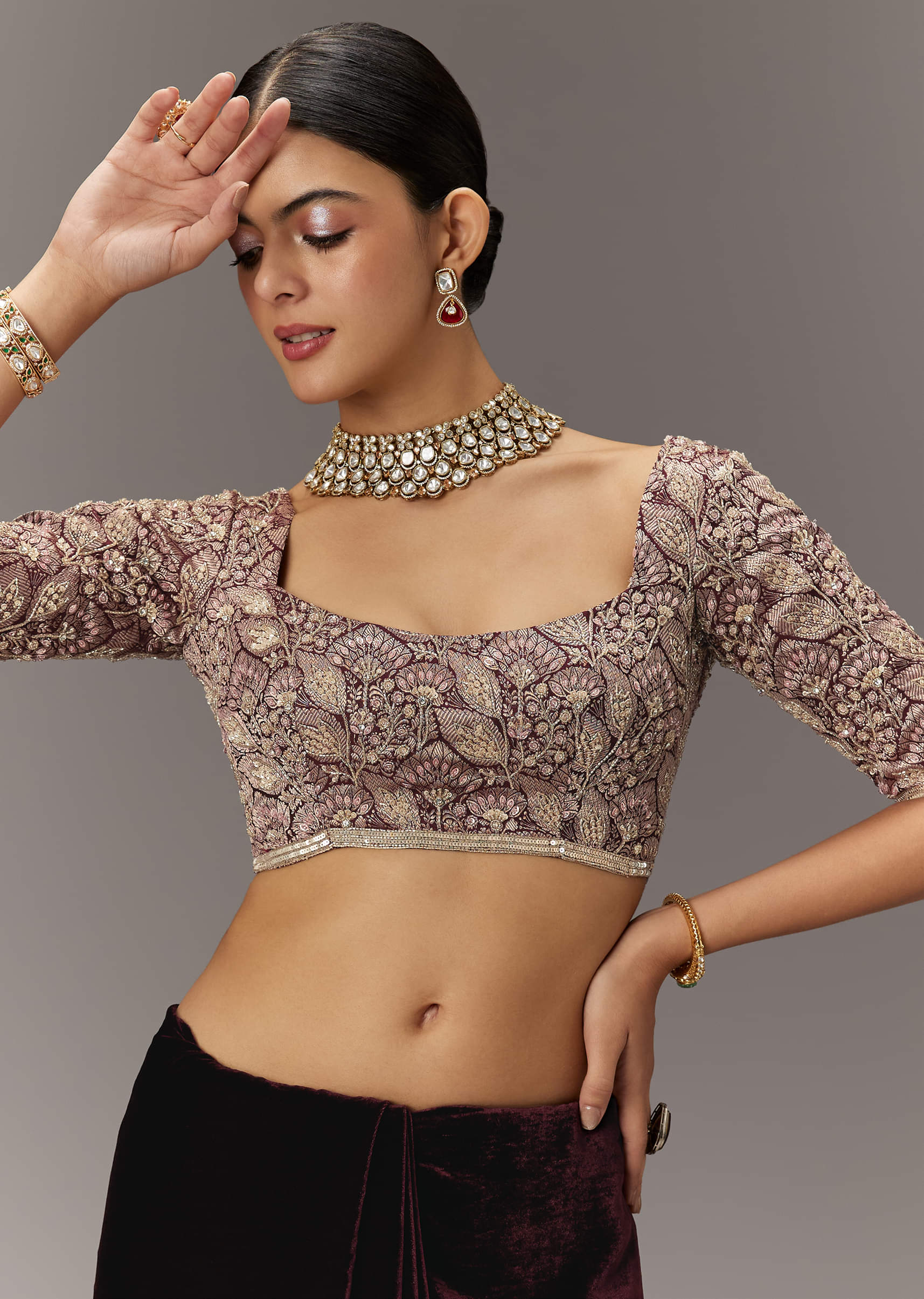 Maroon Velvet Saree With Brocade Embroidered Blouse - Image 7