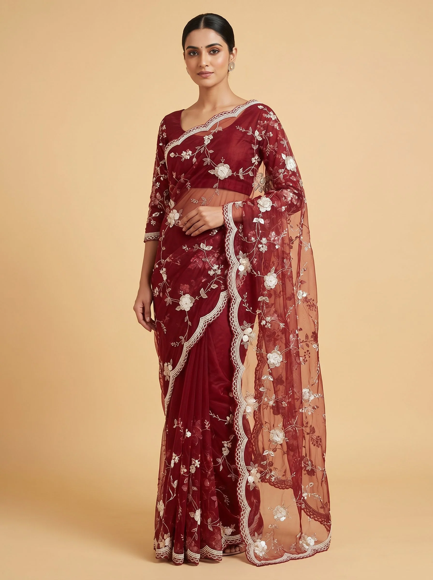 Maroon Wine Opulence Embroidered Saree