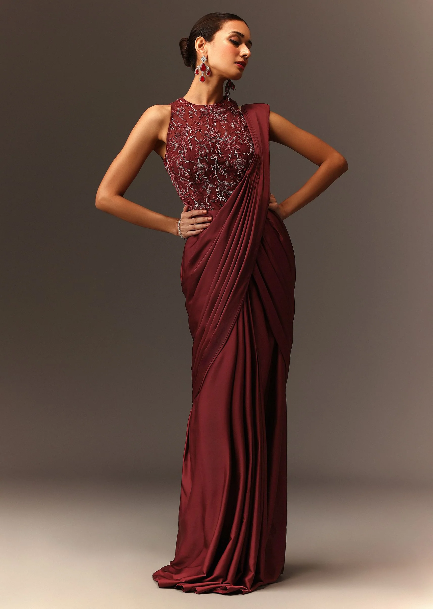 Masala Maroon Net Satin Draped Saree With Hand Embroidered Blouse