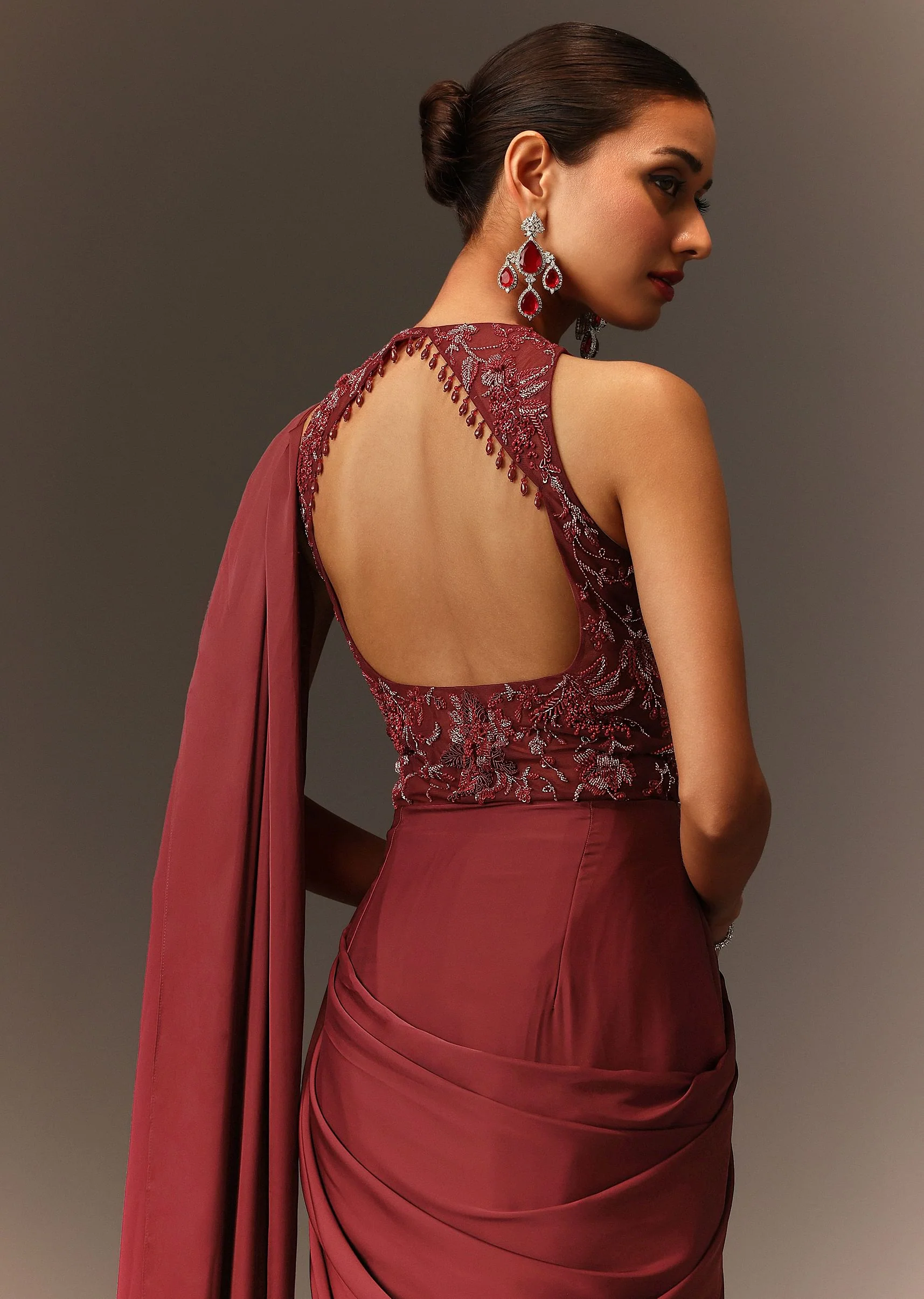 Masala Maroon Net Satin Draped Saree With Hand Embroidered Blouse - Image 4