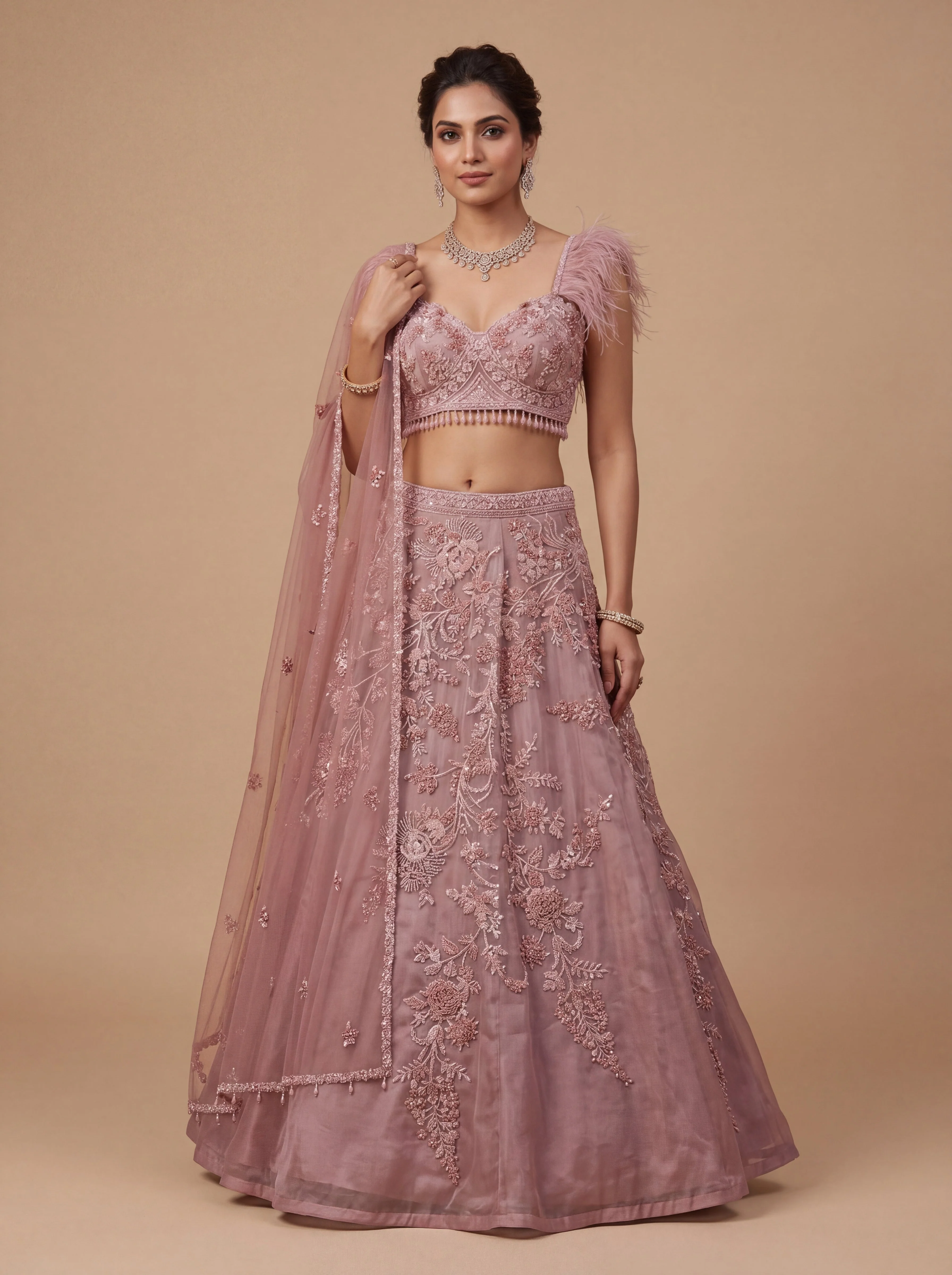 Mauve Contemporary Bridal Lehenga With Floral Embroidery Volume