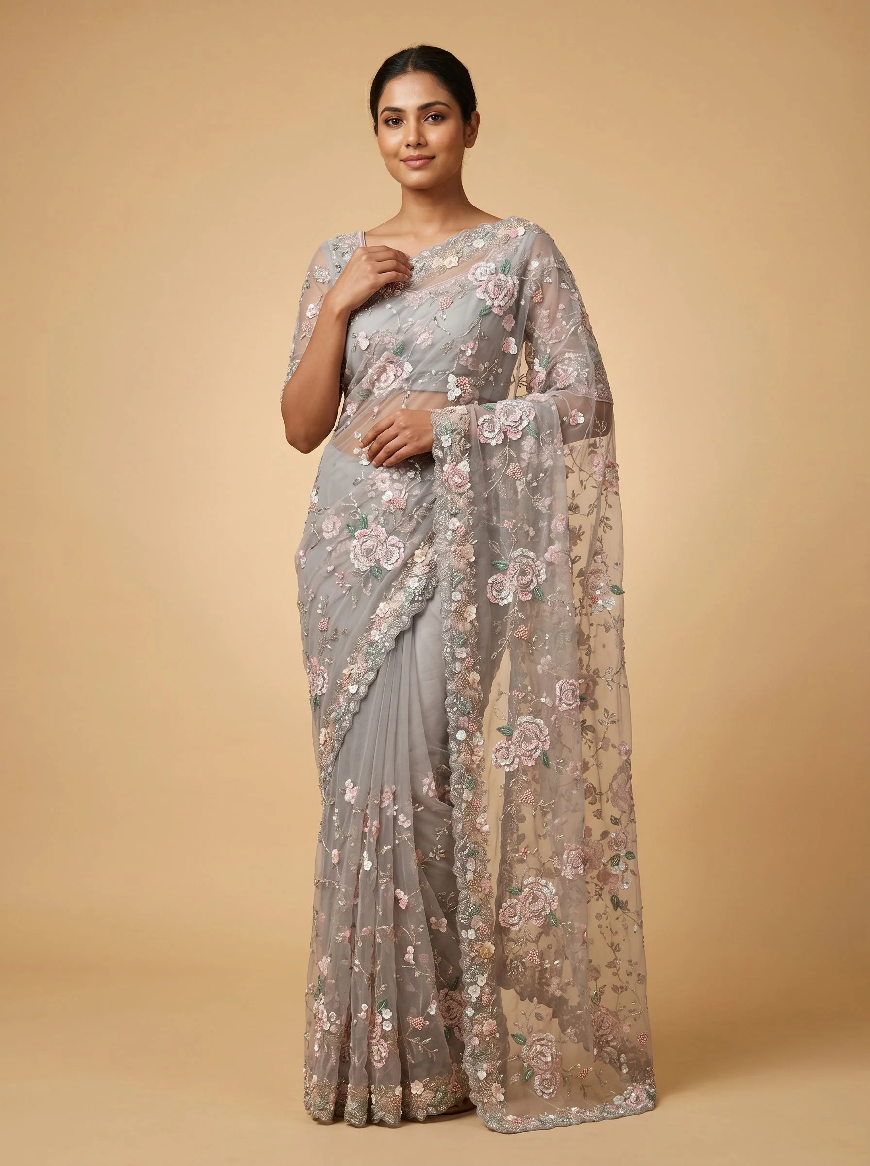 Mauve Dust Bloom Embroidered Saree