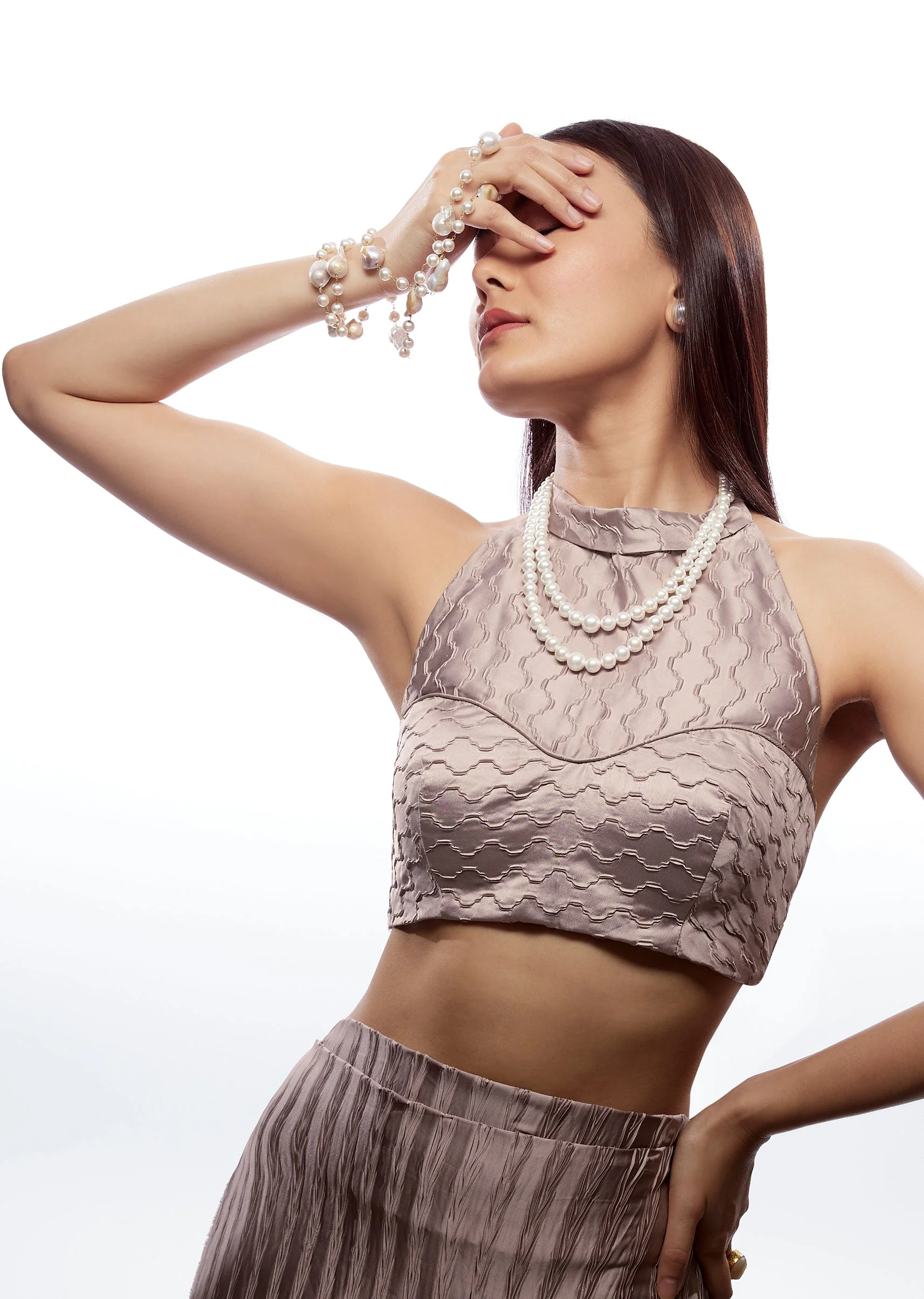 Mauve Halter Neck Blouse With Back Smocking