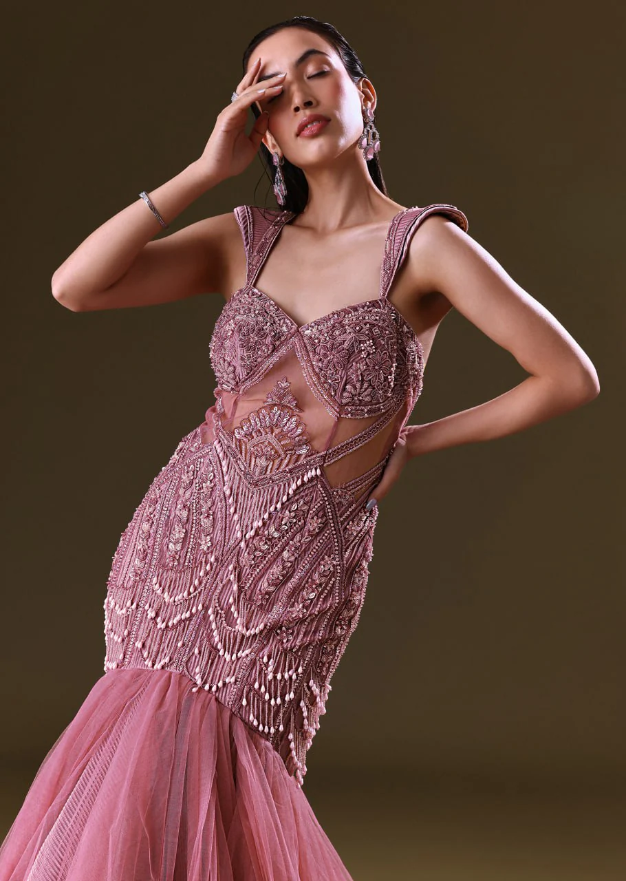 Mauve Mermaid Fit Gown With Tassel Detailing And Gathering At Bottom - Image 4