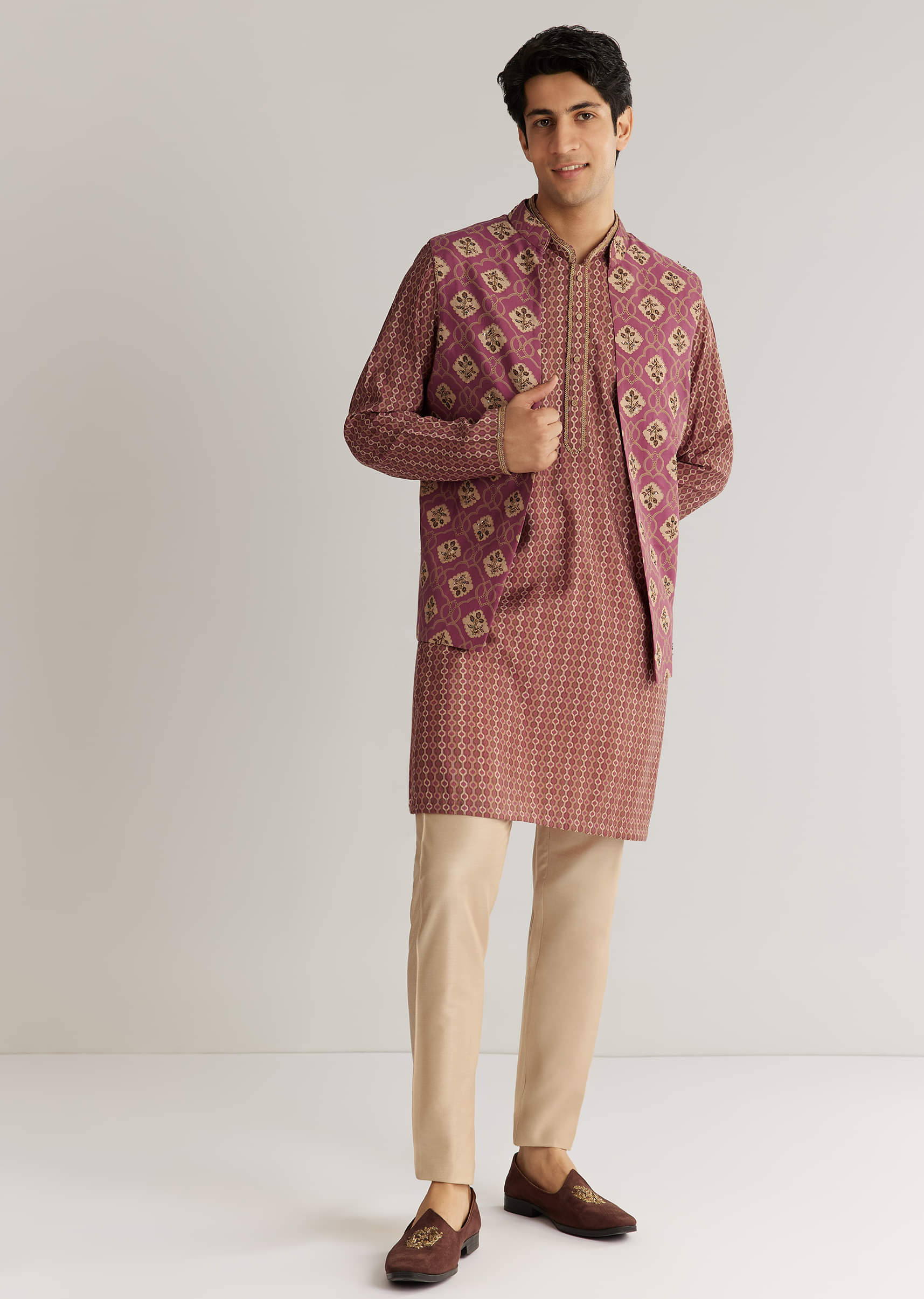 Mauve Modal Chanderi Cutdana Sequins Kurta Jacket Set - Image 2