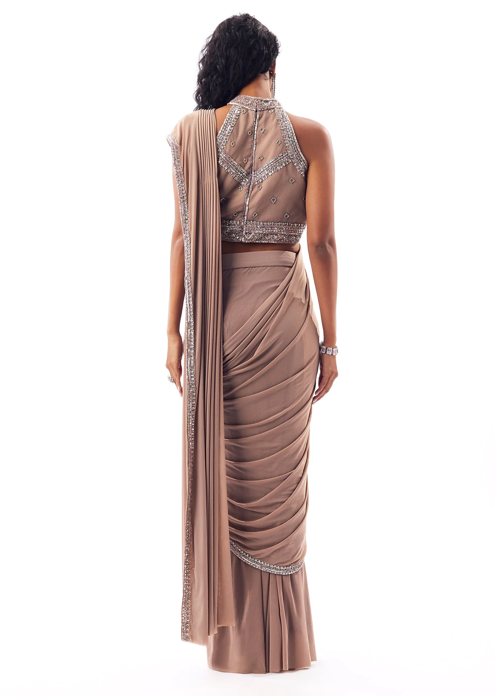 Mauve Pre Draped Saree Set With Embellished High Neck Blouse - Image 5