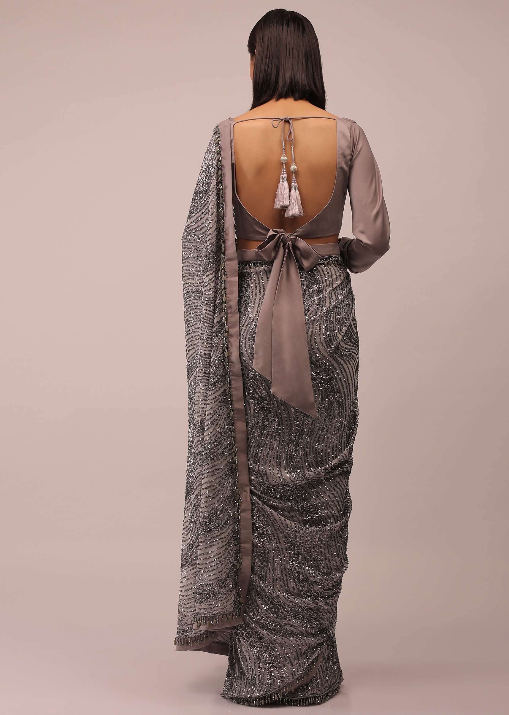Mauve Purple Satin Saree In Sequins Embroidery With A Crop Top In Full Sleeves And A Round Neckline - Image 2