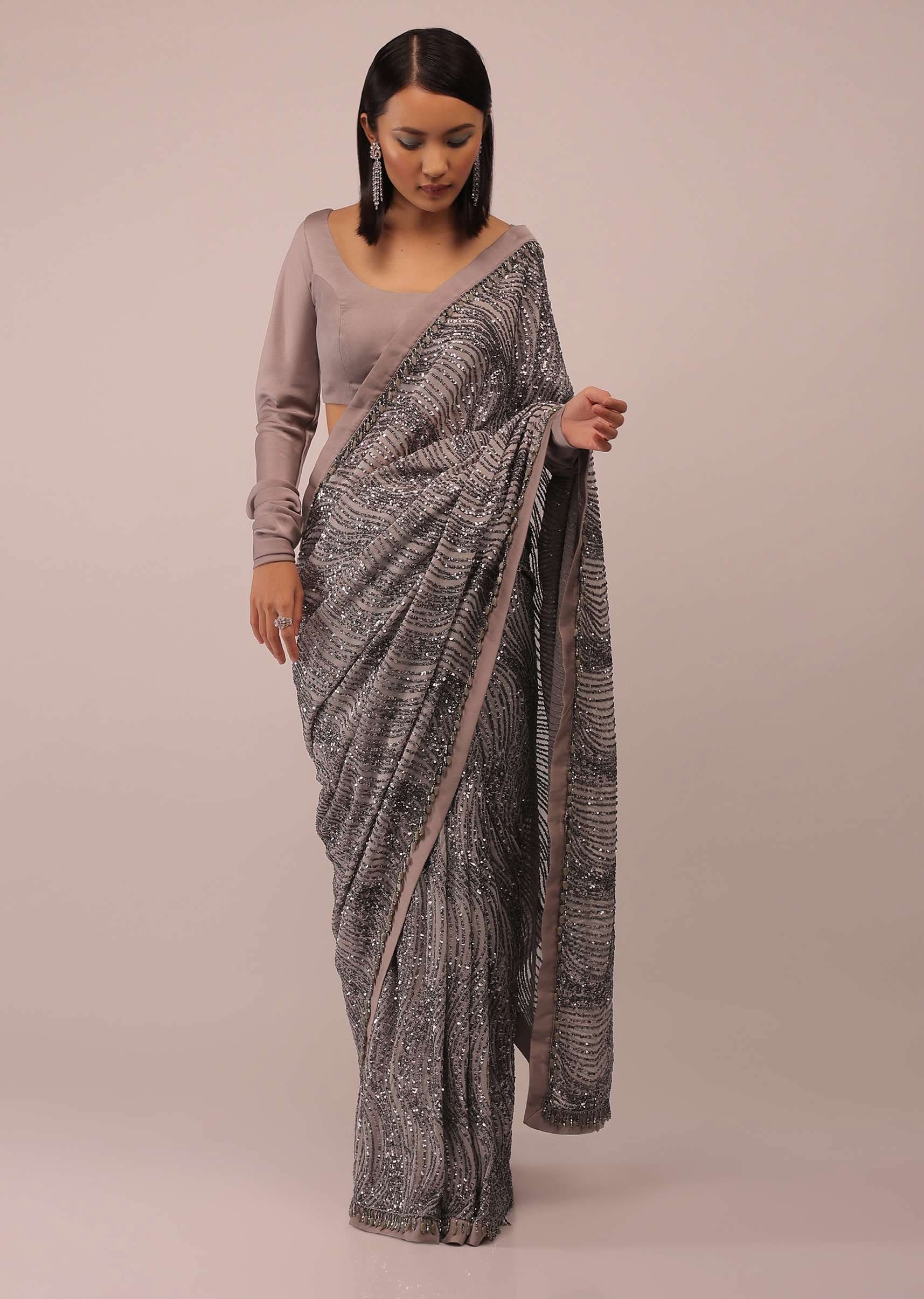 Mauve Purple Satin Saree In Sequins Embroidery With A Crop Top In Full Sleeves And A Round Neckline - Image 3