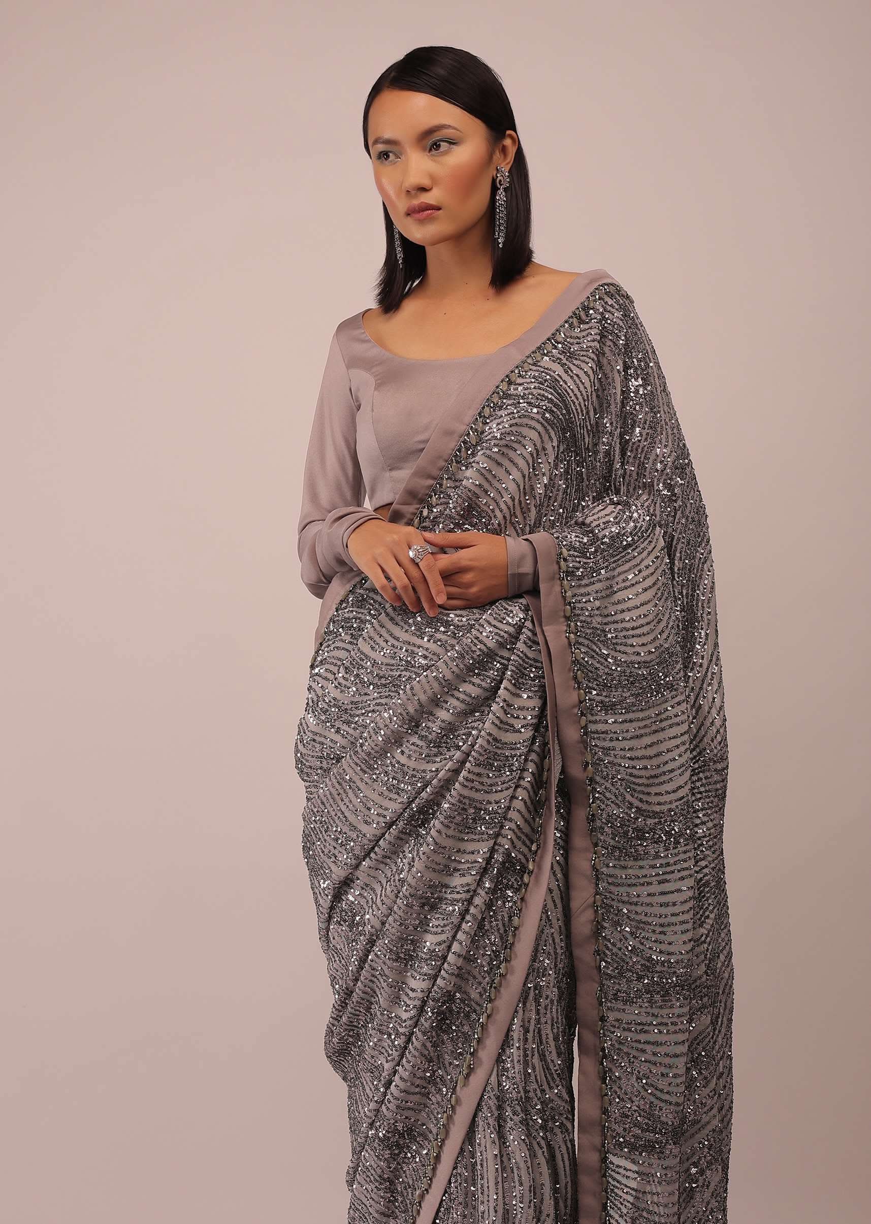 Mauve Purple Satin Saree In Sequins Embroidery With A Crop Top In Full Sleeves And A Round Neckline - Image 4