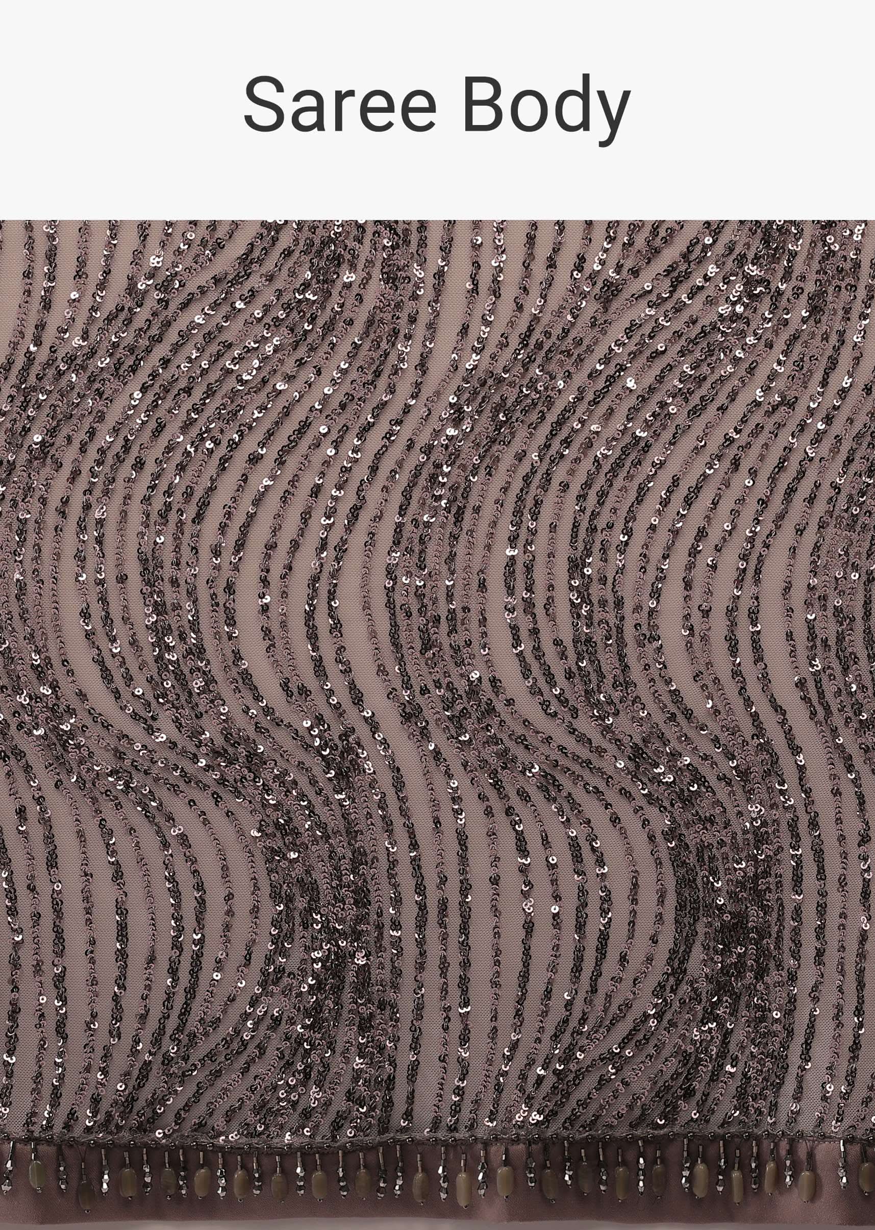 Mauve Purple Satin Saree In Sequins Embroidery With A Crop Top In Full Sleeves And A Round Neckline - Image 6