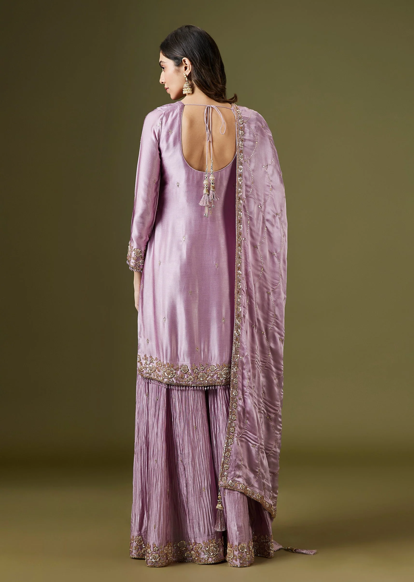 Mauve Satin Kurta Set With Tonal Embellishments And Pleated Palazzo - Image 5