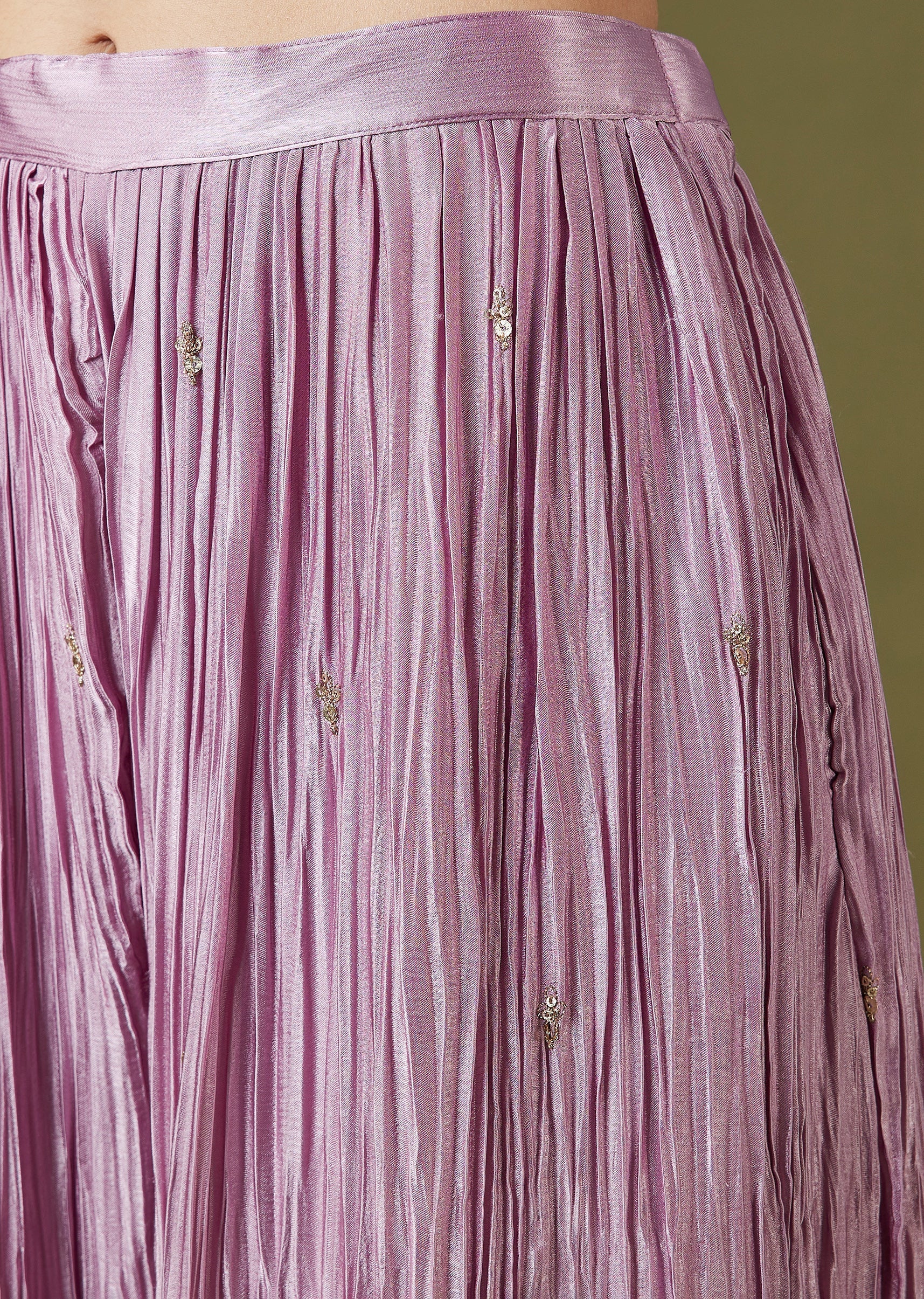 Mauve Satin Kurta Set With Tonal Embellishments And Pleated Palazzo - Image 6
