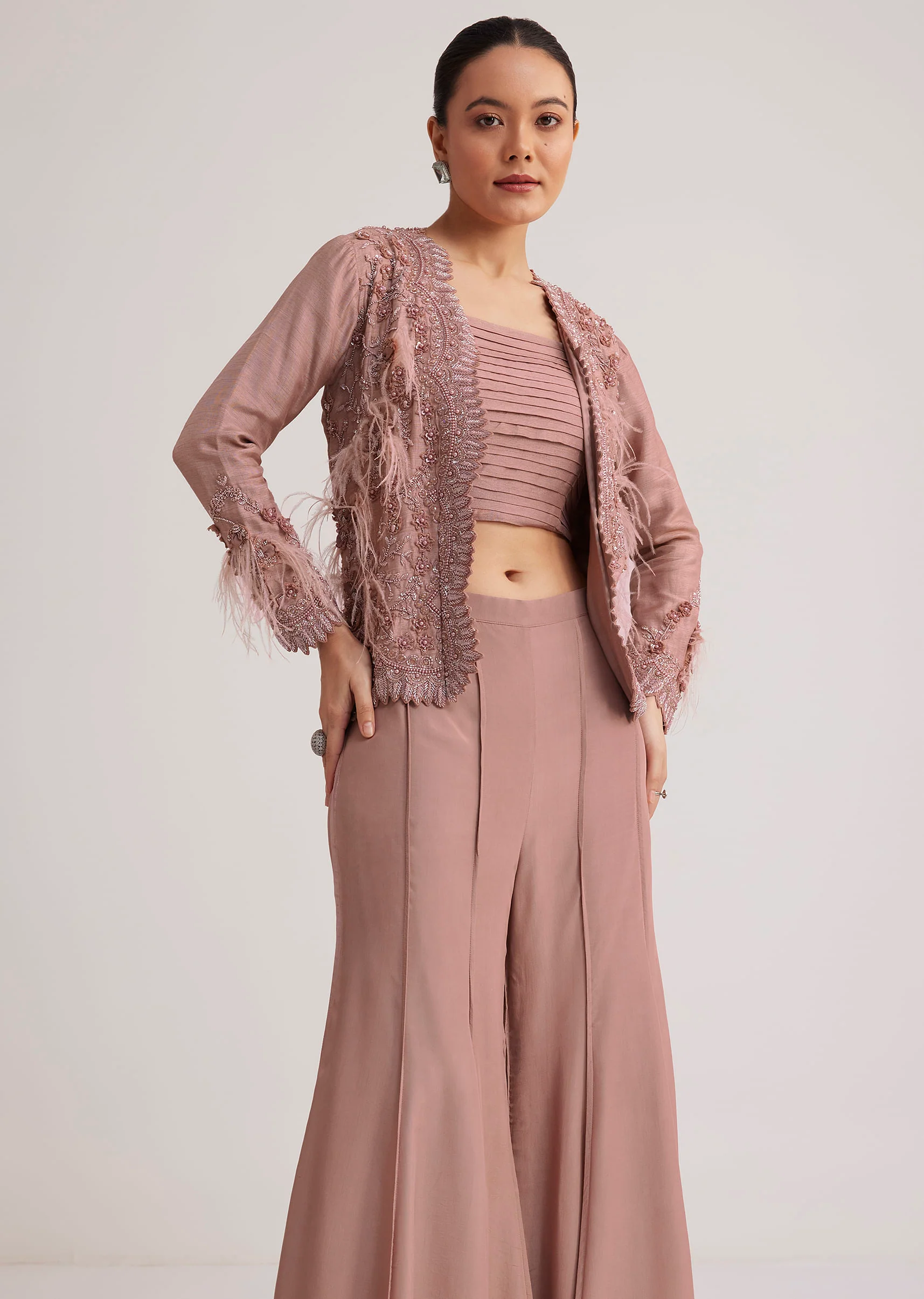 Mauve Satin Palazzo Set With Embellished Jacket - Image 2