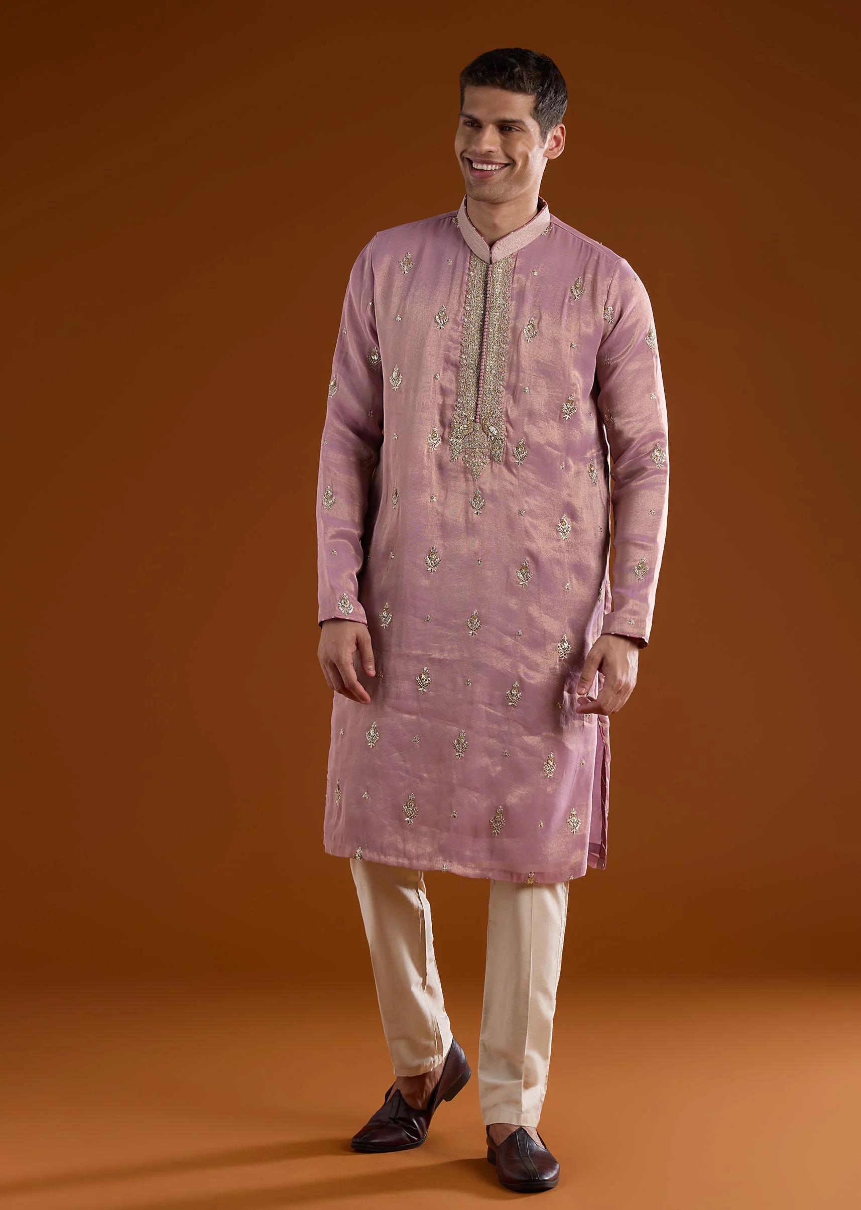 Mauve Tissue Kurta Set With Fine Zardosi And Sequin Work - Image 3