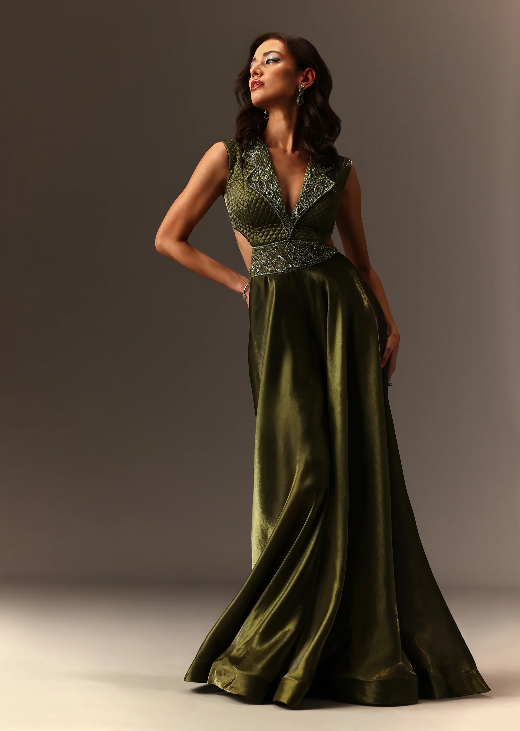 Mehendi Green Contemporary Duo – Embroidered Jumpsuit For Her And Muslin Jacket Kurta Set For Him - Image 6