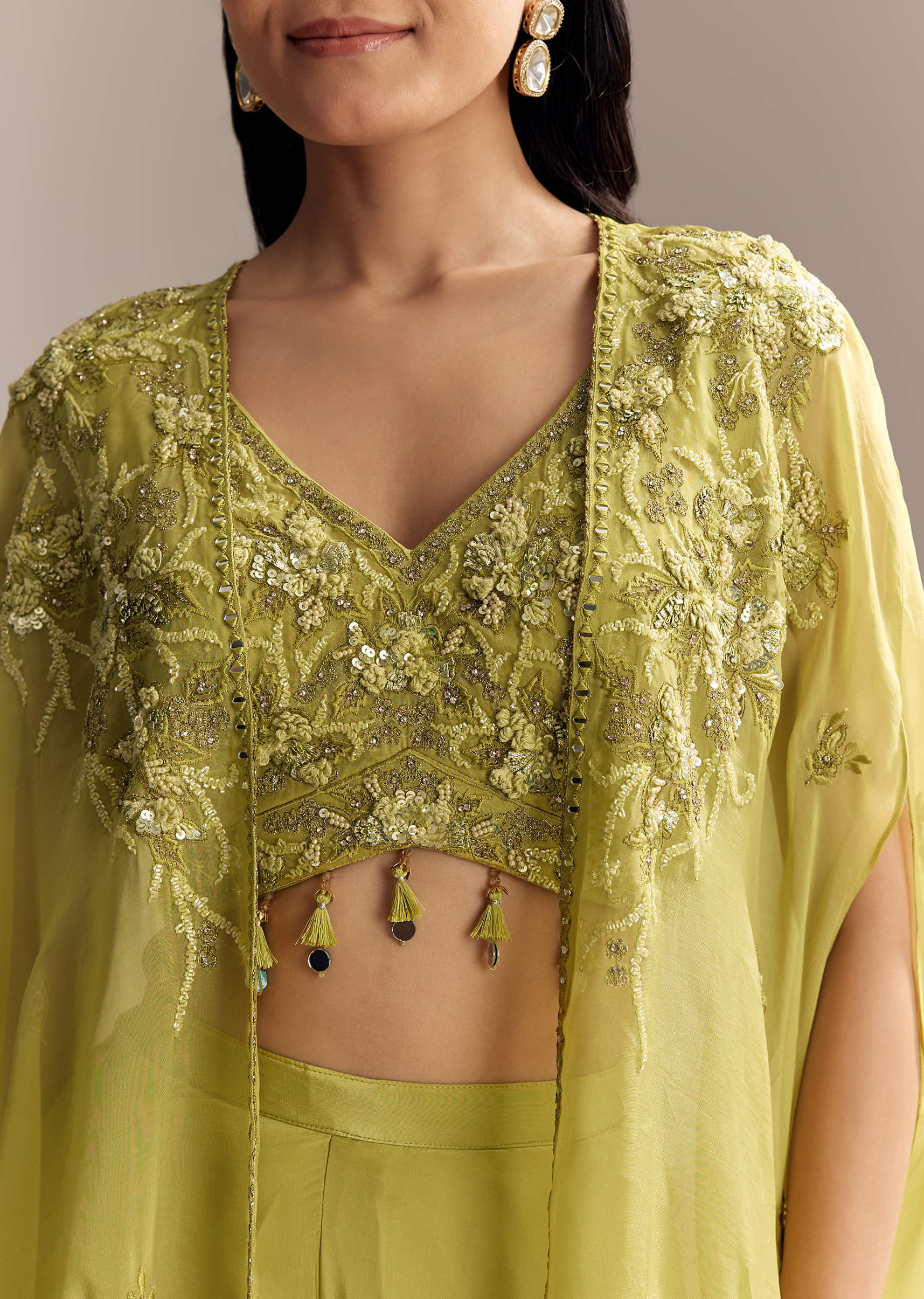 Mehendi Green Crepe Crop Top And Palazzo Set With Embroidered Cape - Image 3