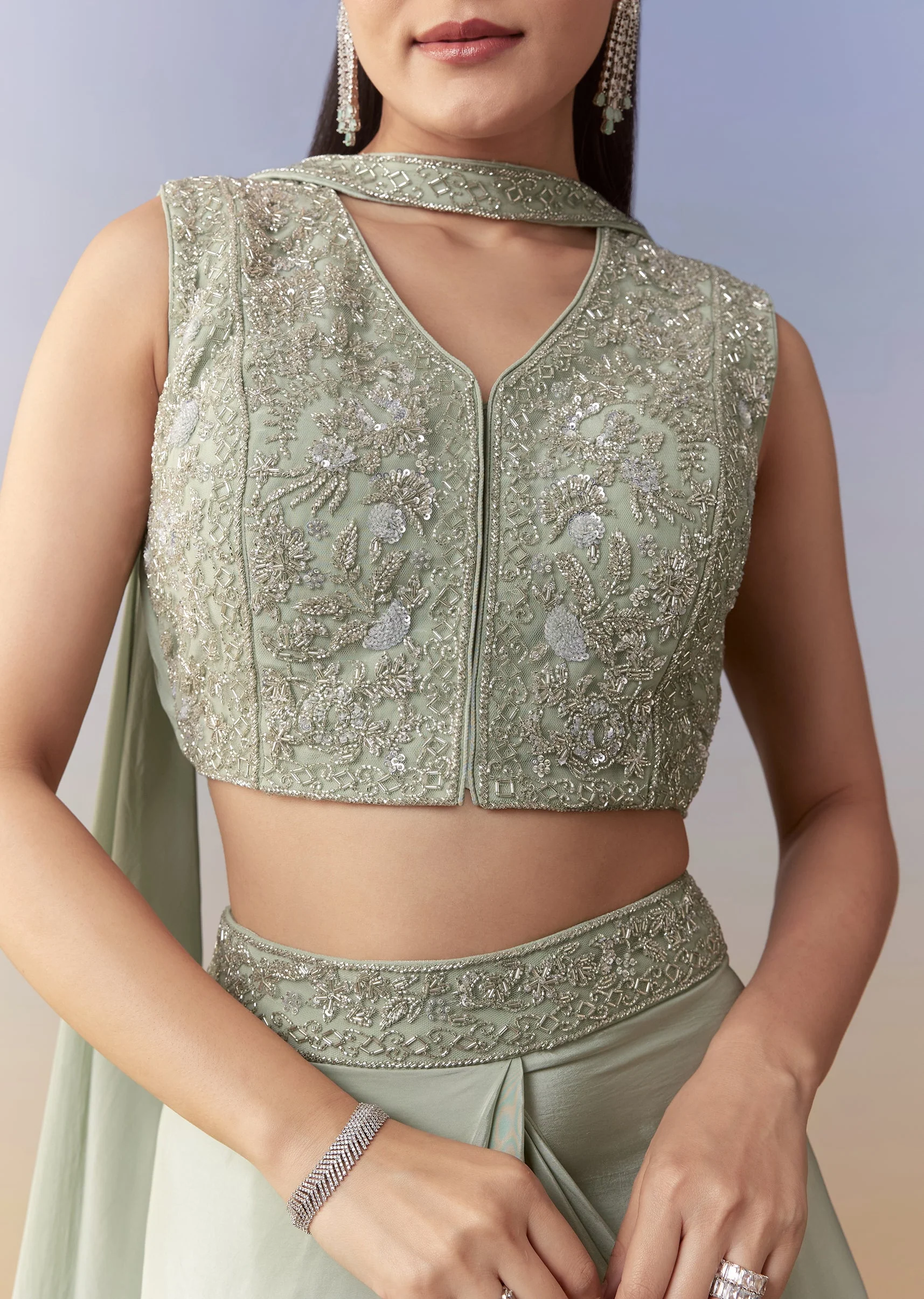 Mehendi Green Crop Top Skirt Set with Dupatta - Image 2