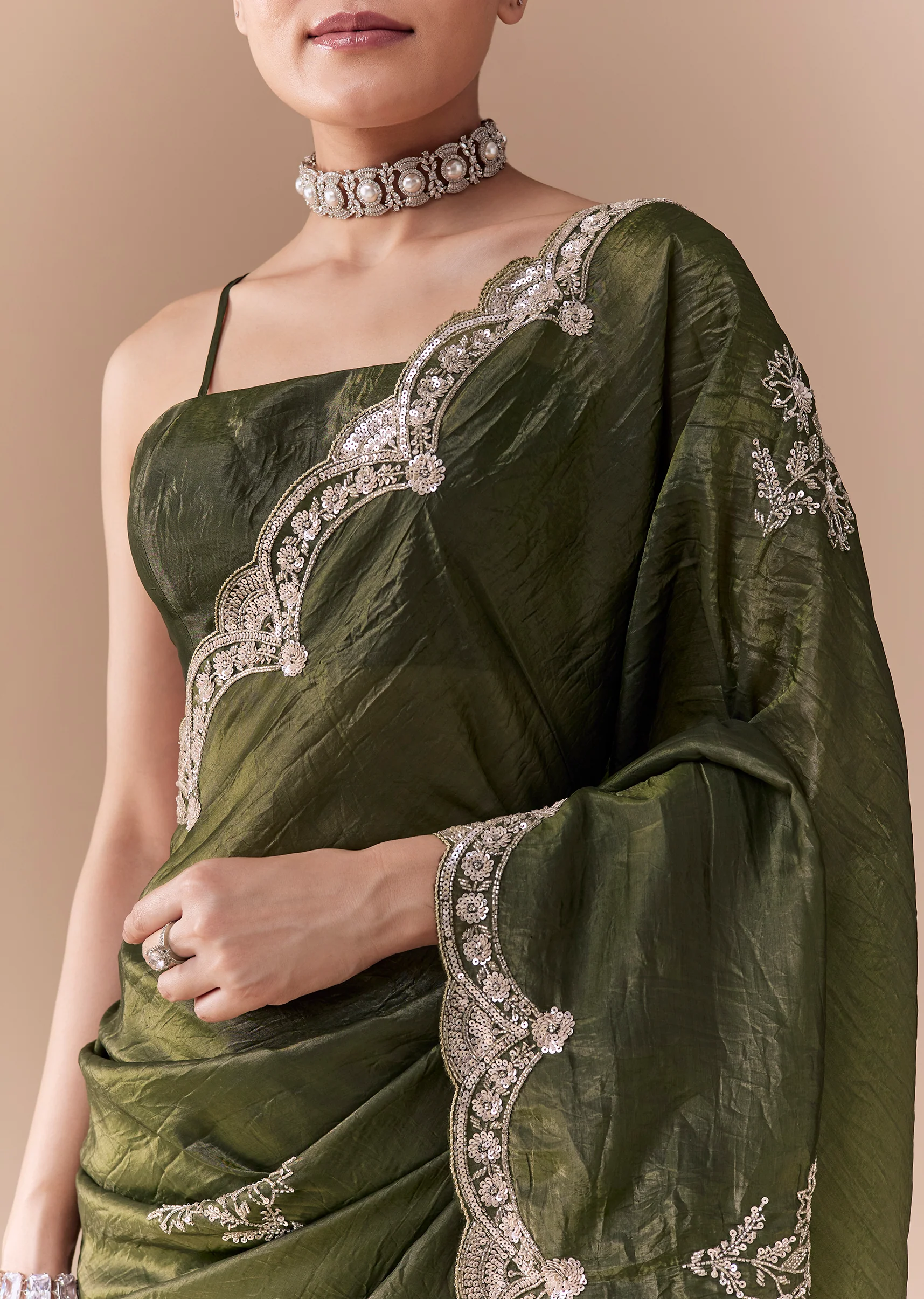 Mehendi Green Crush Tissue Embellished Saree with Blouse Fabric - Image 2