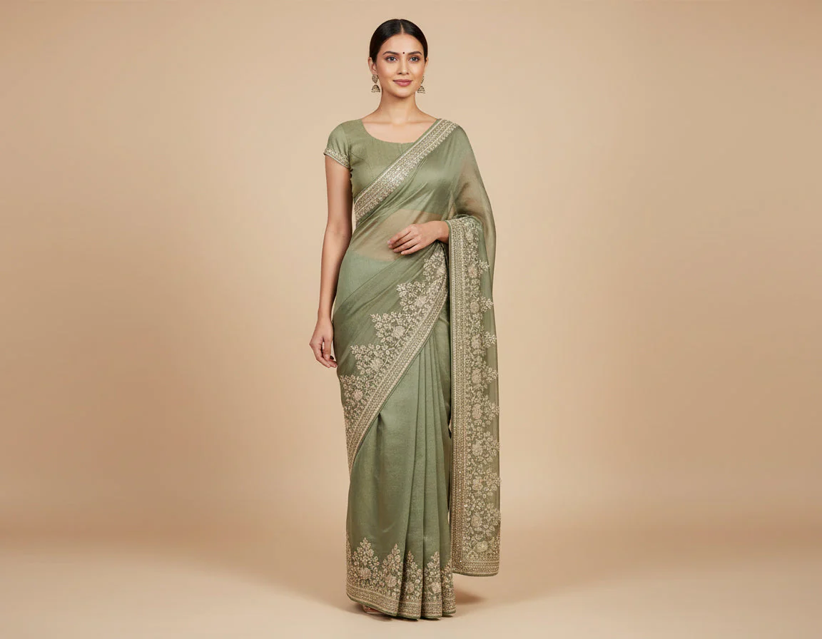 Mehendi Green Cultural Embroidered Saree