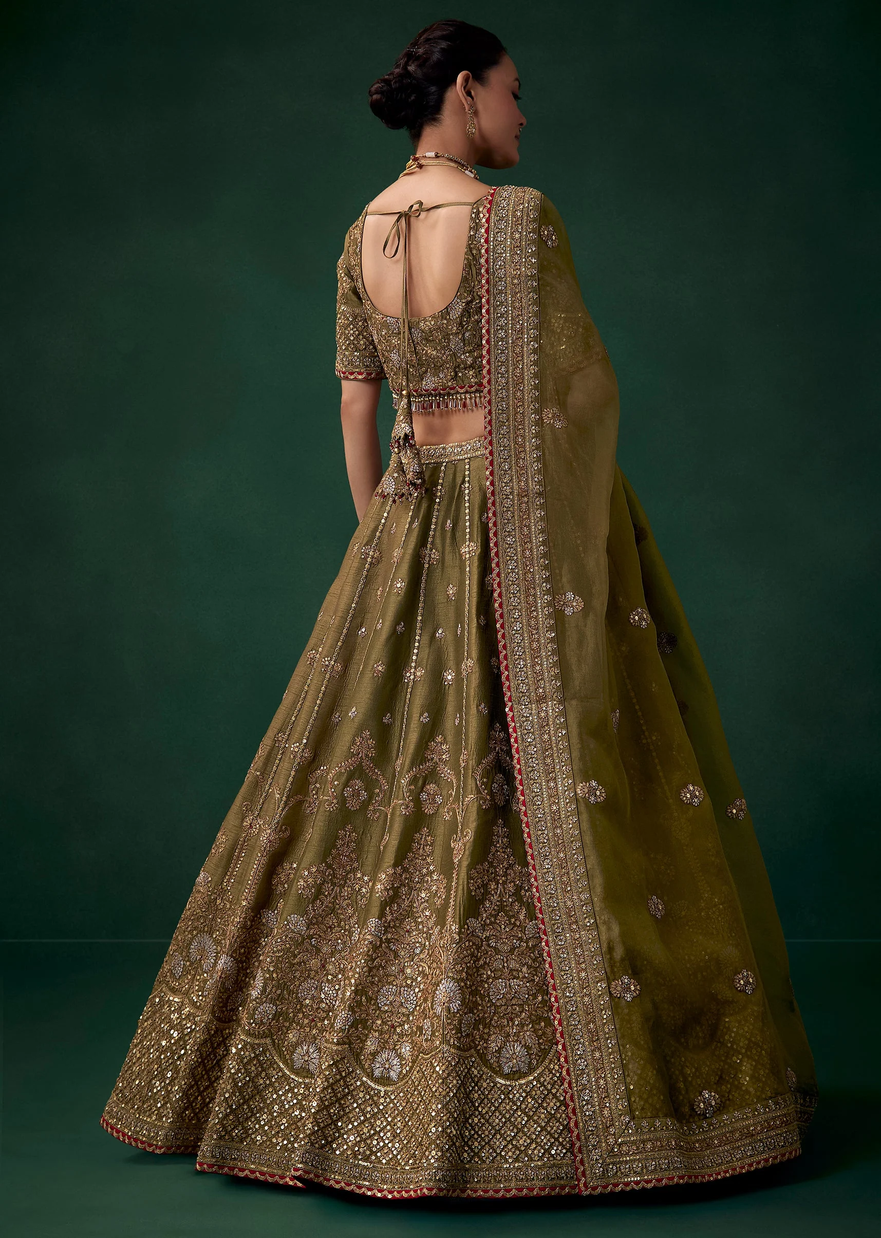 Mehendi Green Embroidered Bridal Lehenga Set in Silk - Image 2