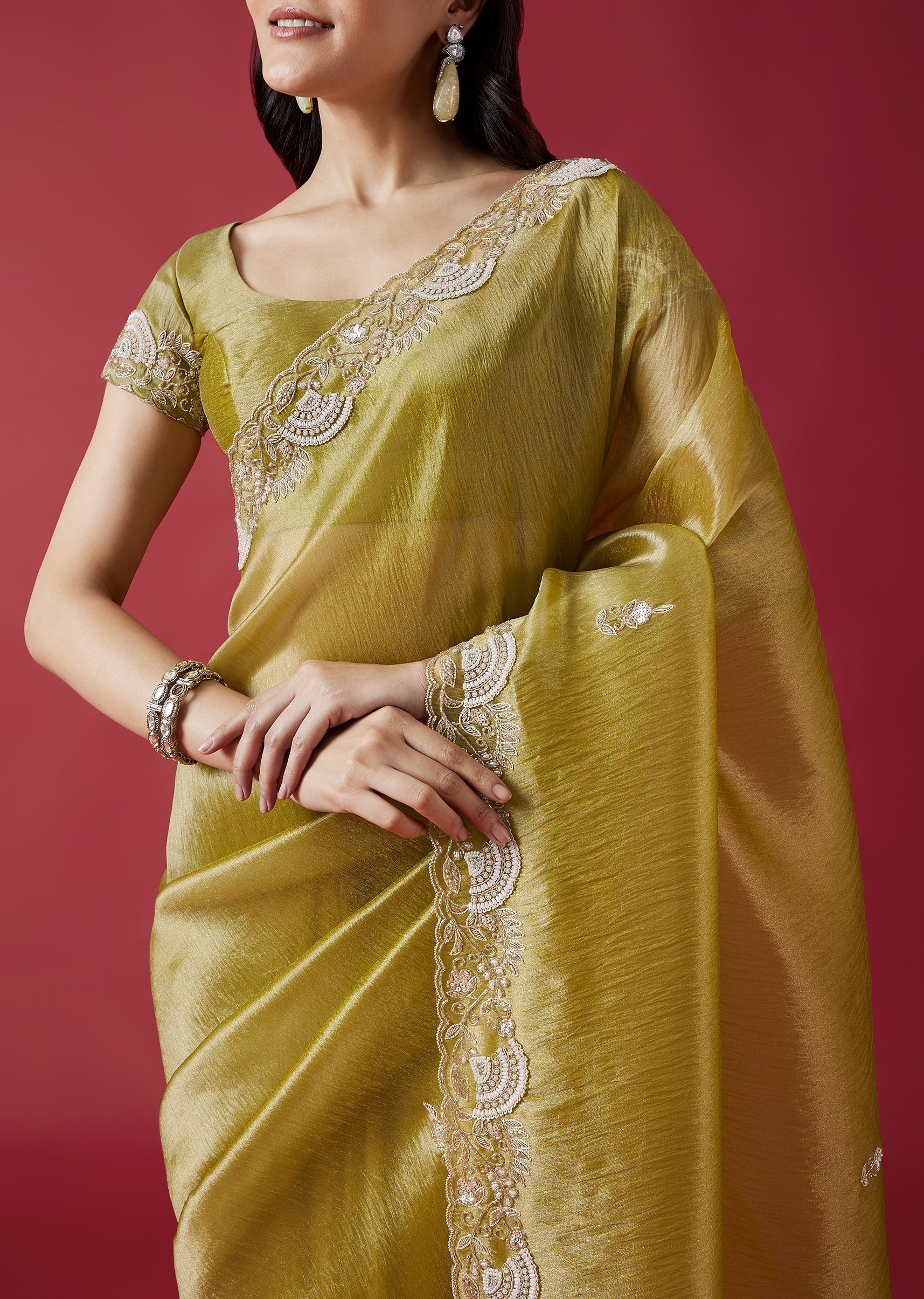Mehendi Green Embroidered Crush Tissue Saree With Zardosi Work - Image 2