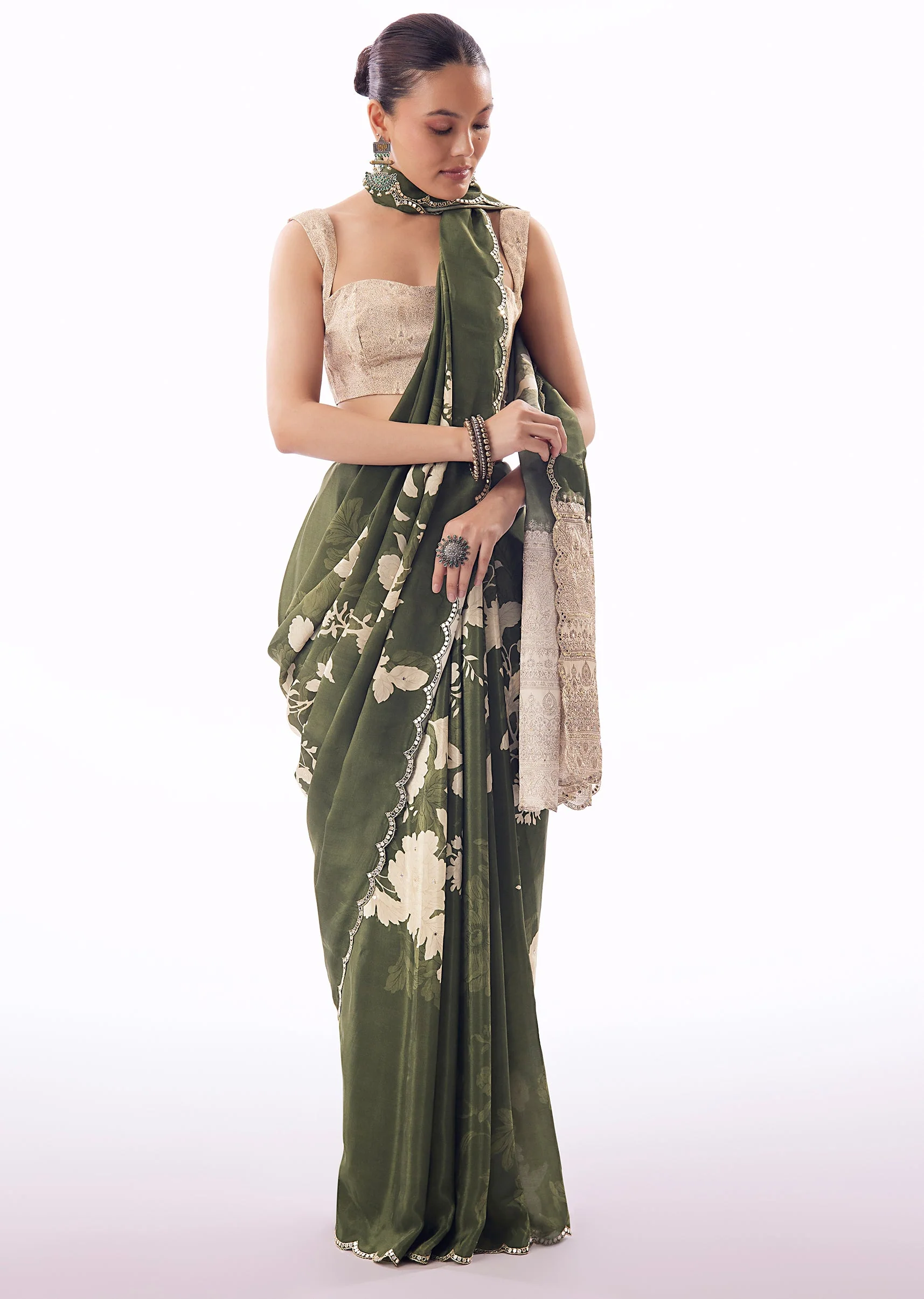 Mehendi Green Floral Printed Saree With Mirror Embroidered Pallu And Scallop Border