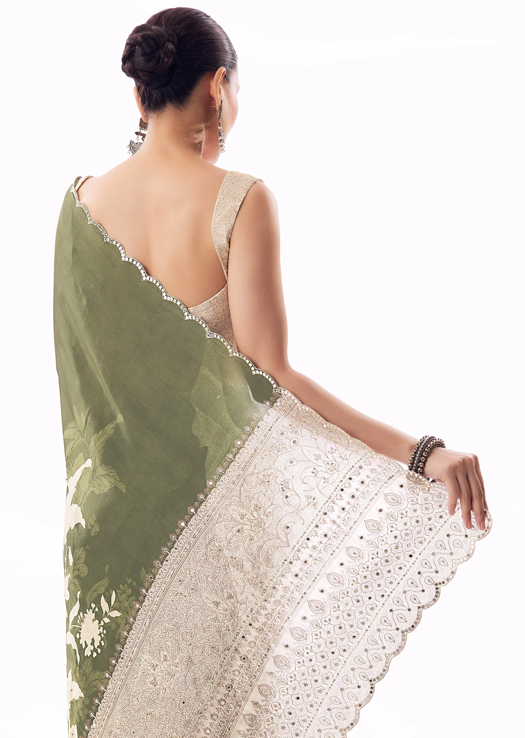 Mehendi Green Floral Printed Saree With Mirror Embroidered Pallu And Scallop Border - Image 6