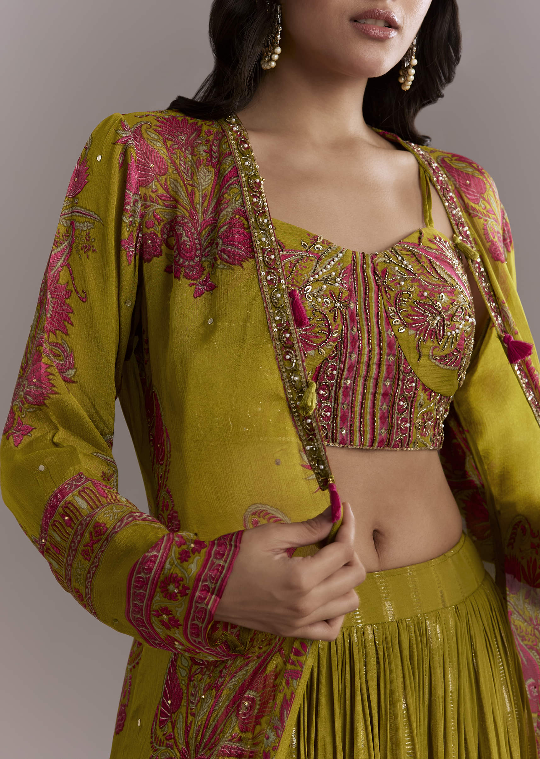 Mehendi Green Georgette Embroidery Crop Top And Printed Jacket With Skirt - Image 3
