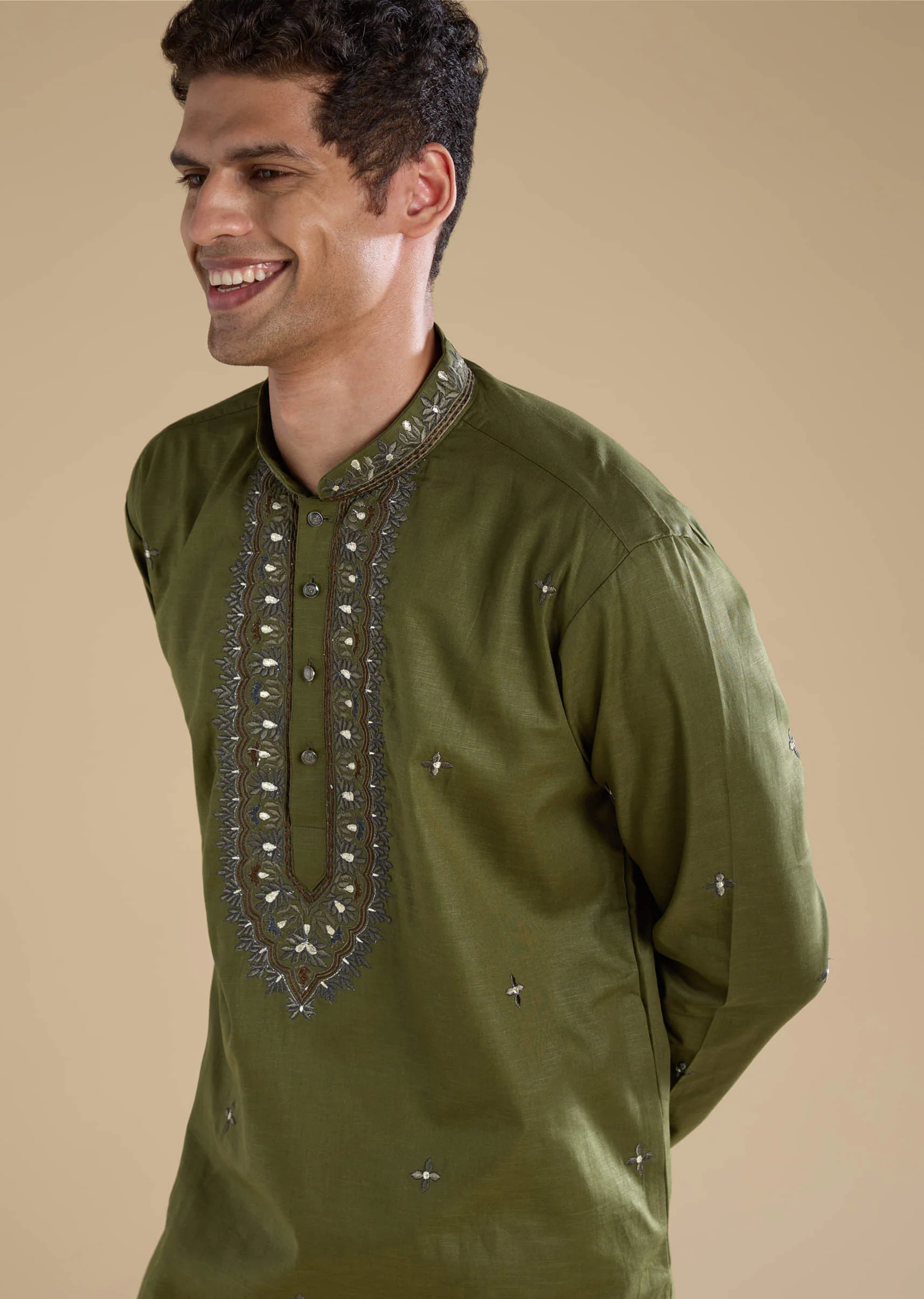 Mehendi Green Linen Mirror Work Kurta And Straight Pant Set - Image 2