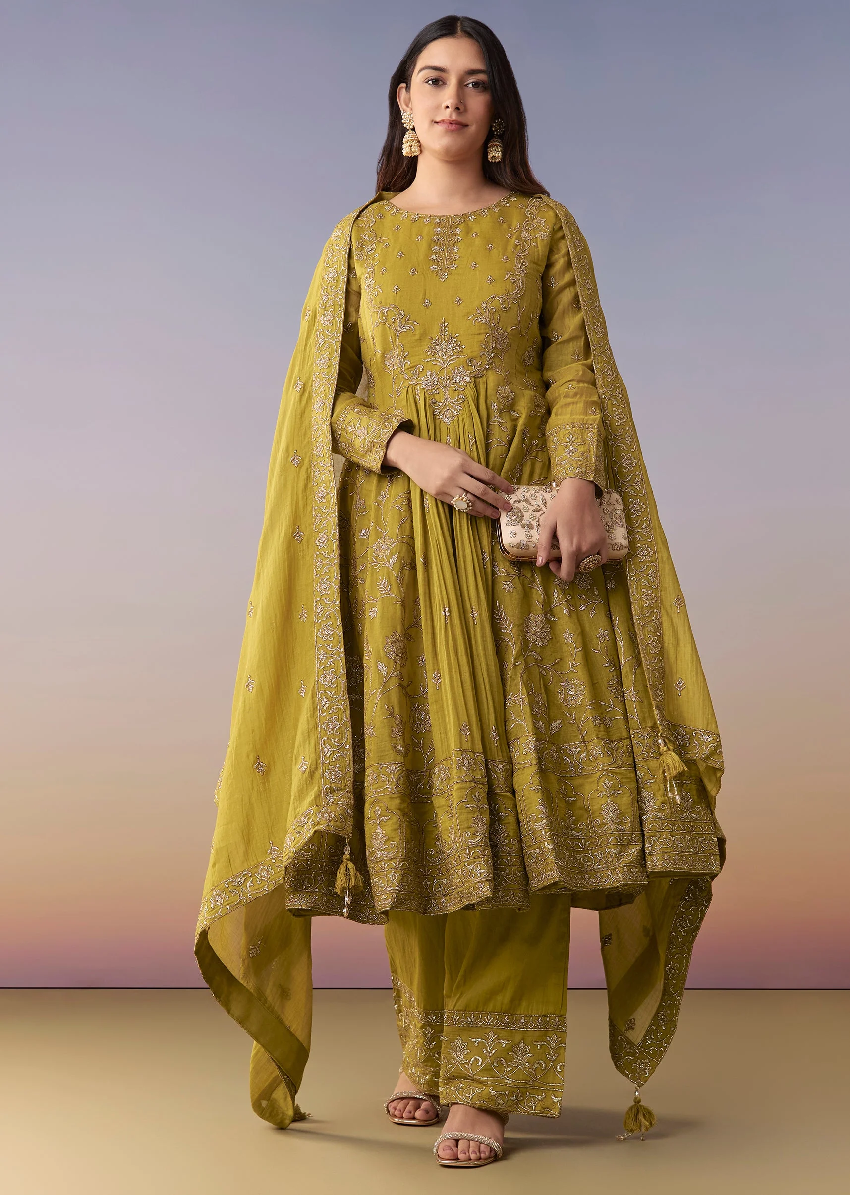 Mehendi Green Metallic Embroidered Anarkali Suit Set With Pant And Dupatta