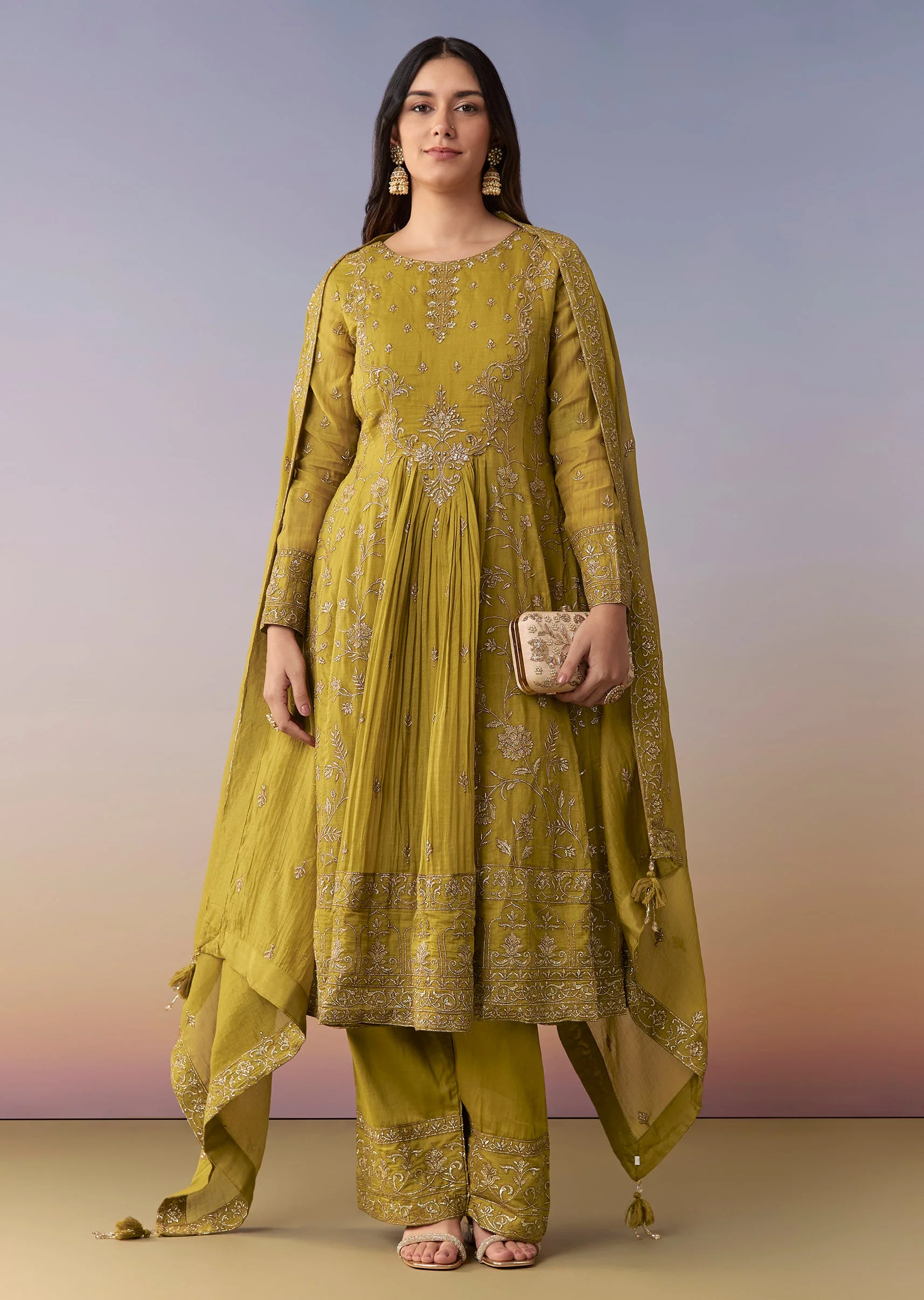 Mehendi Green Metallic Embroidered Anarkali Suit Set With Pant And Dupatta - Image 3