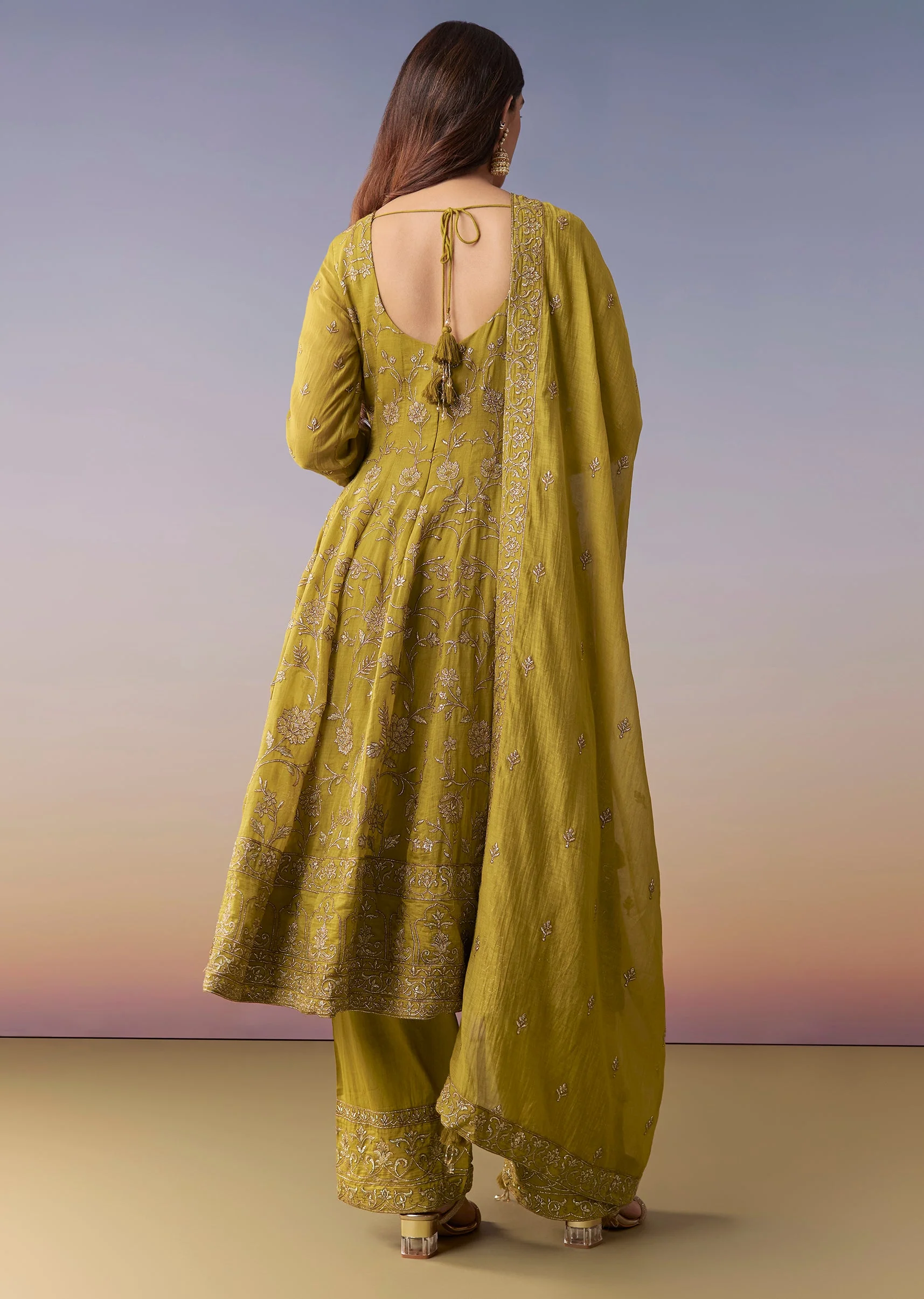 Mehendi Green Metallic Embroidered Anarkali Suit Set With Pant And Dupatta - Image 5