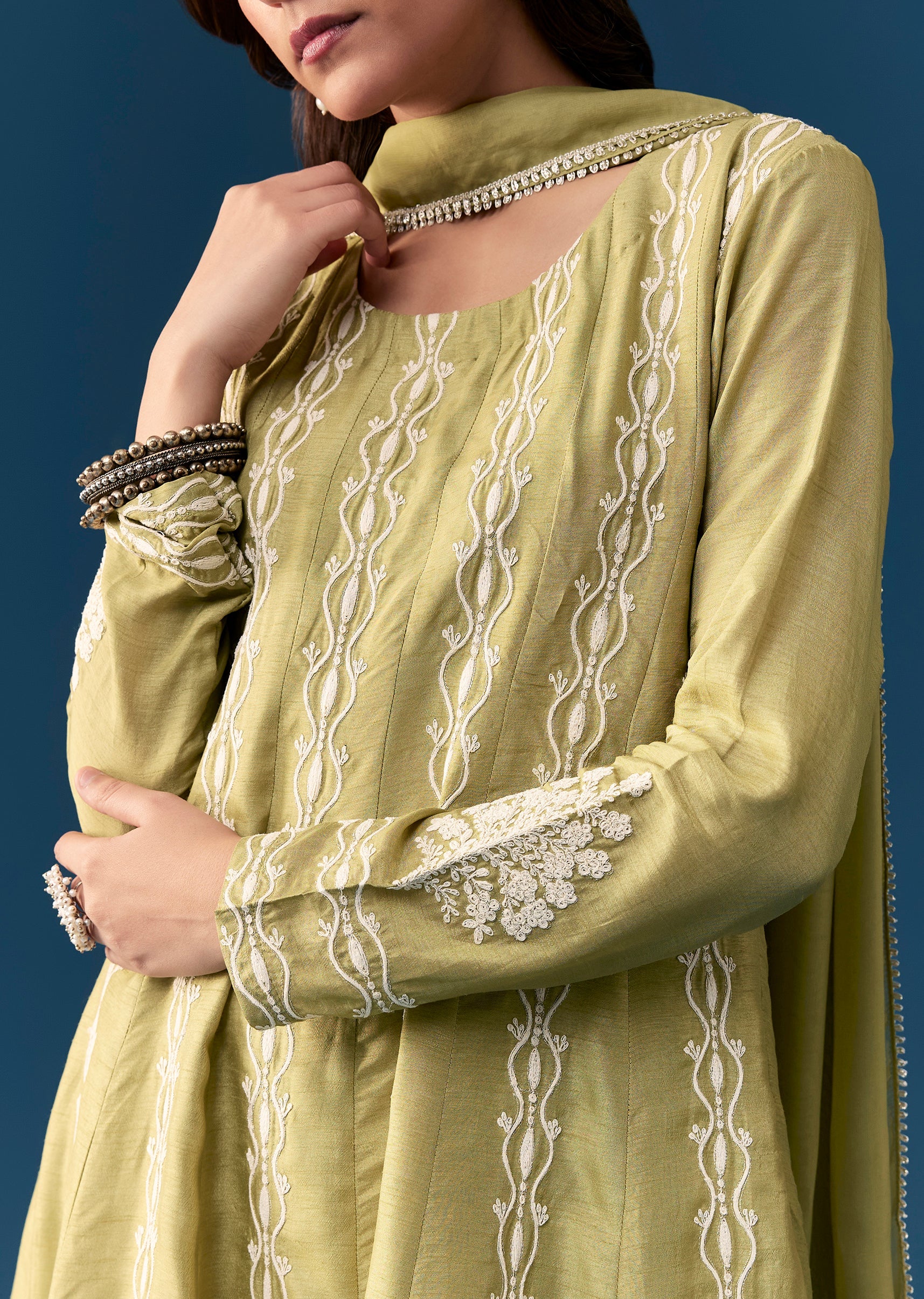 Mehendi Green Pastel Pakistani Style Peplum Anarkali Suit With Thread Work - Image 2