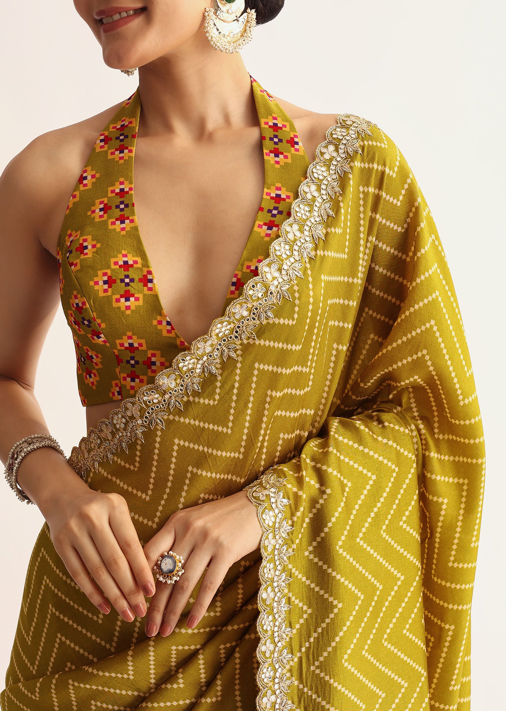 Mehendi Green Patola Printed Satin Saree With Scallop Embroidered Border - Image 2