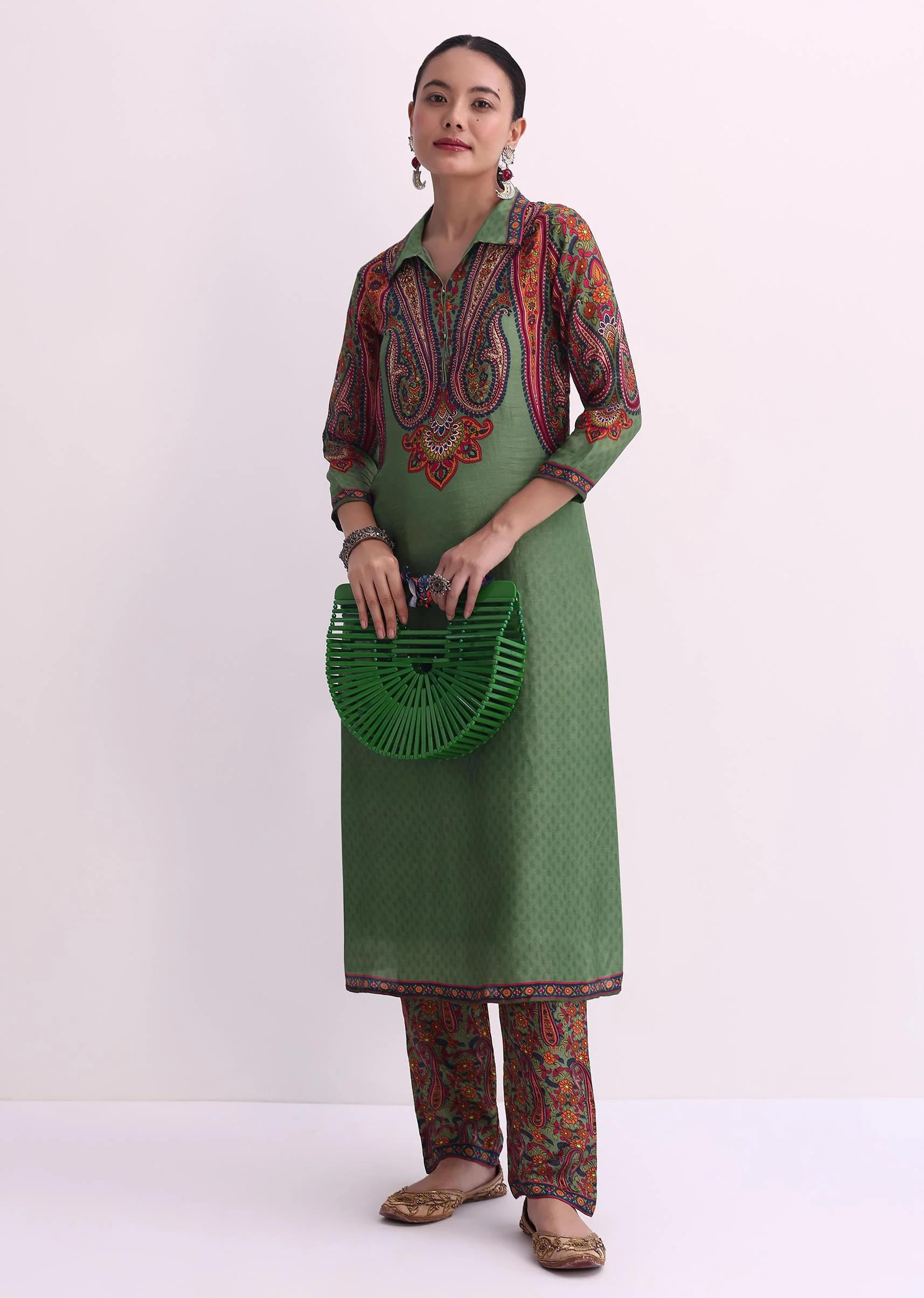 Mehendi Green Sequin Embroidered Silk Kurta With Printed Pant Set - Image 8